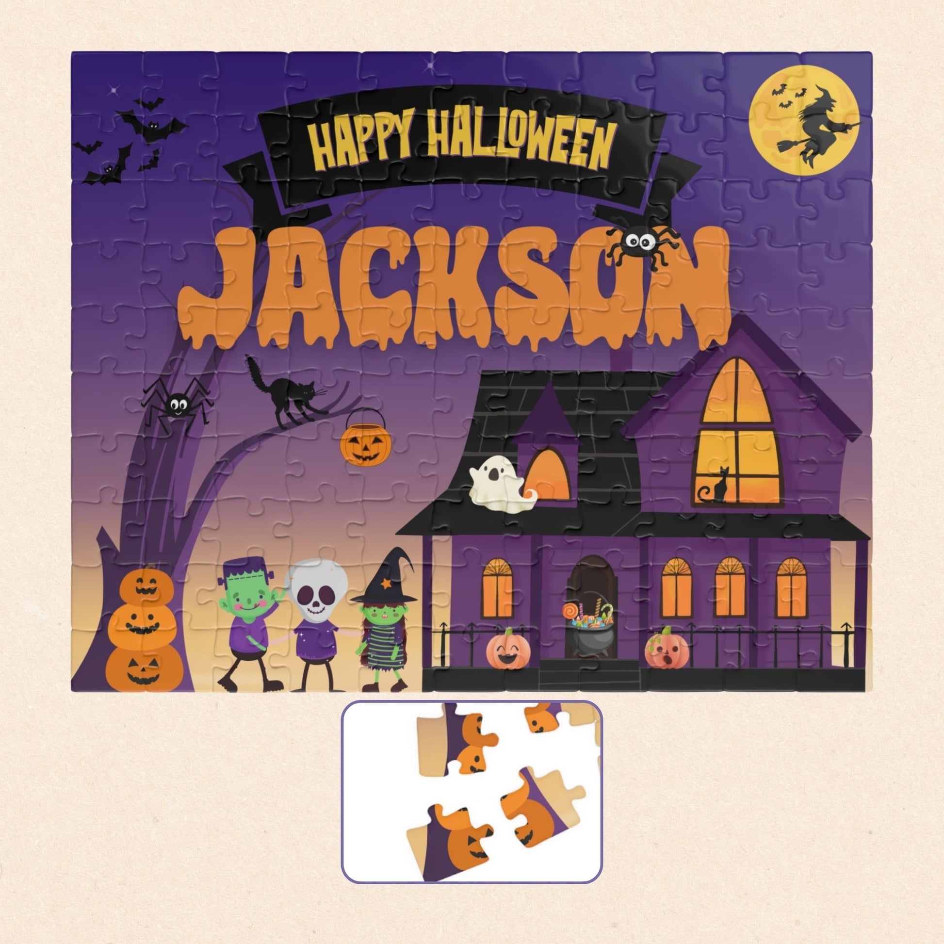 Personalized 110-piece Halloween jigsaw puzzle for kids featuring a spooky haunted house scene with trick-or-treaters, bats, pumpkins, and moon. Puzzle includes a customizable name printed prominently across the top of the design.