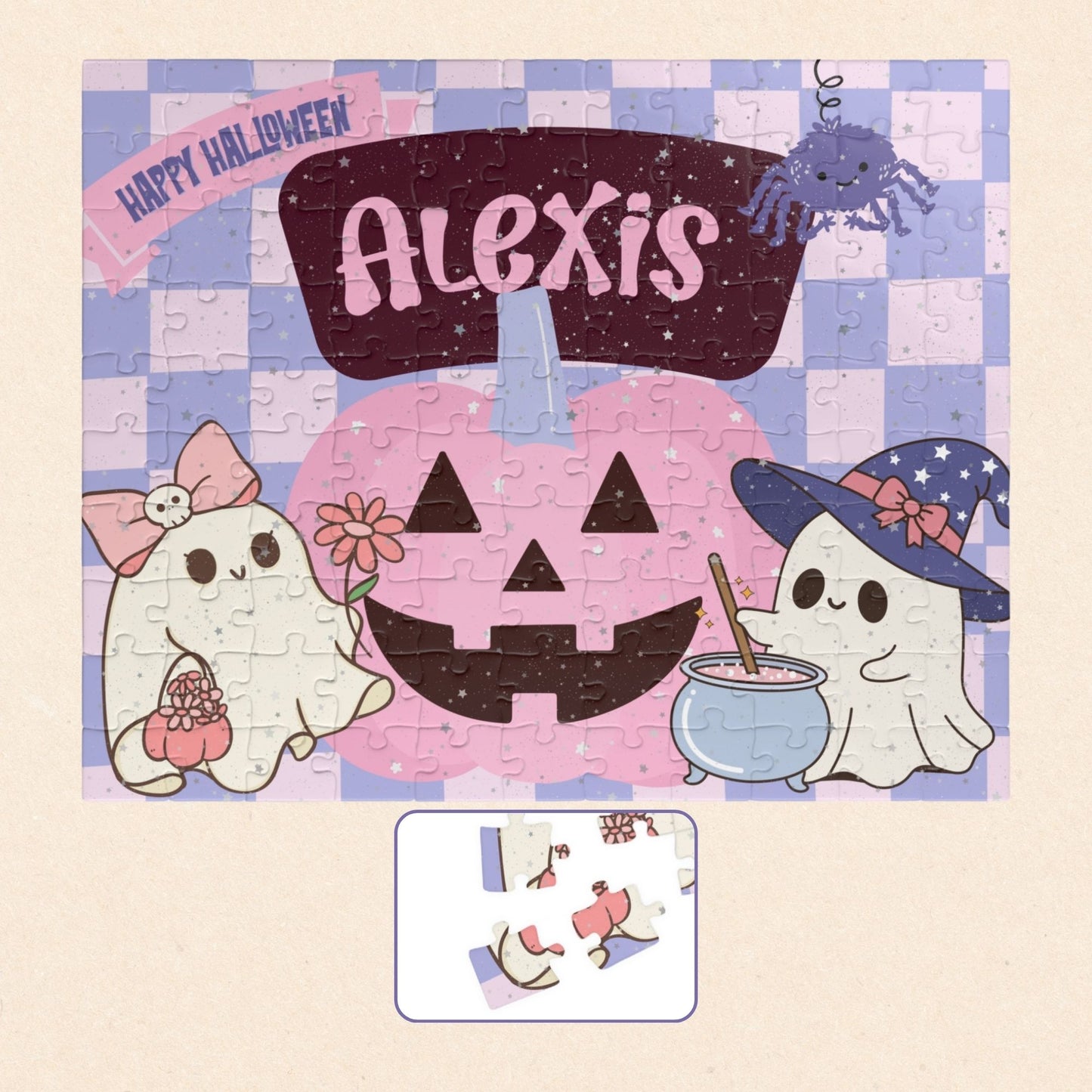 Personalized Halloween jigsaw puzzle featuring friendly ghost characters and a pumpkin scene in pastel colors, with a customizable child’s name displayed across the top of the puzzle design, 110-piece format.
