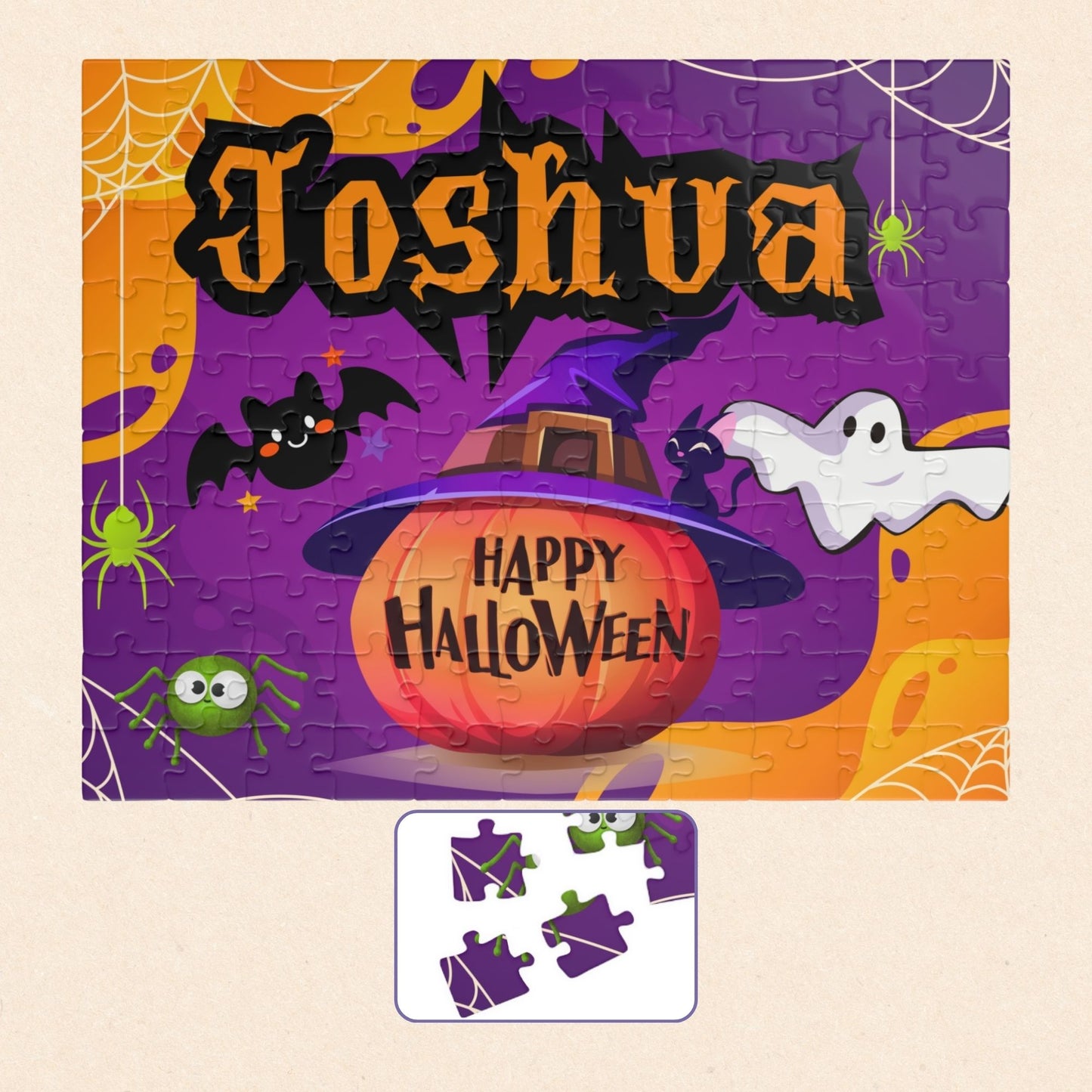 Personalized Halloween kids jigsaw puzzle with a customizable name displayed across the top, featuring a pumpkin wearing a witch hat, ghosts, bats, spiders, and purple spooky background in a 110-piece layout.