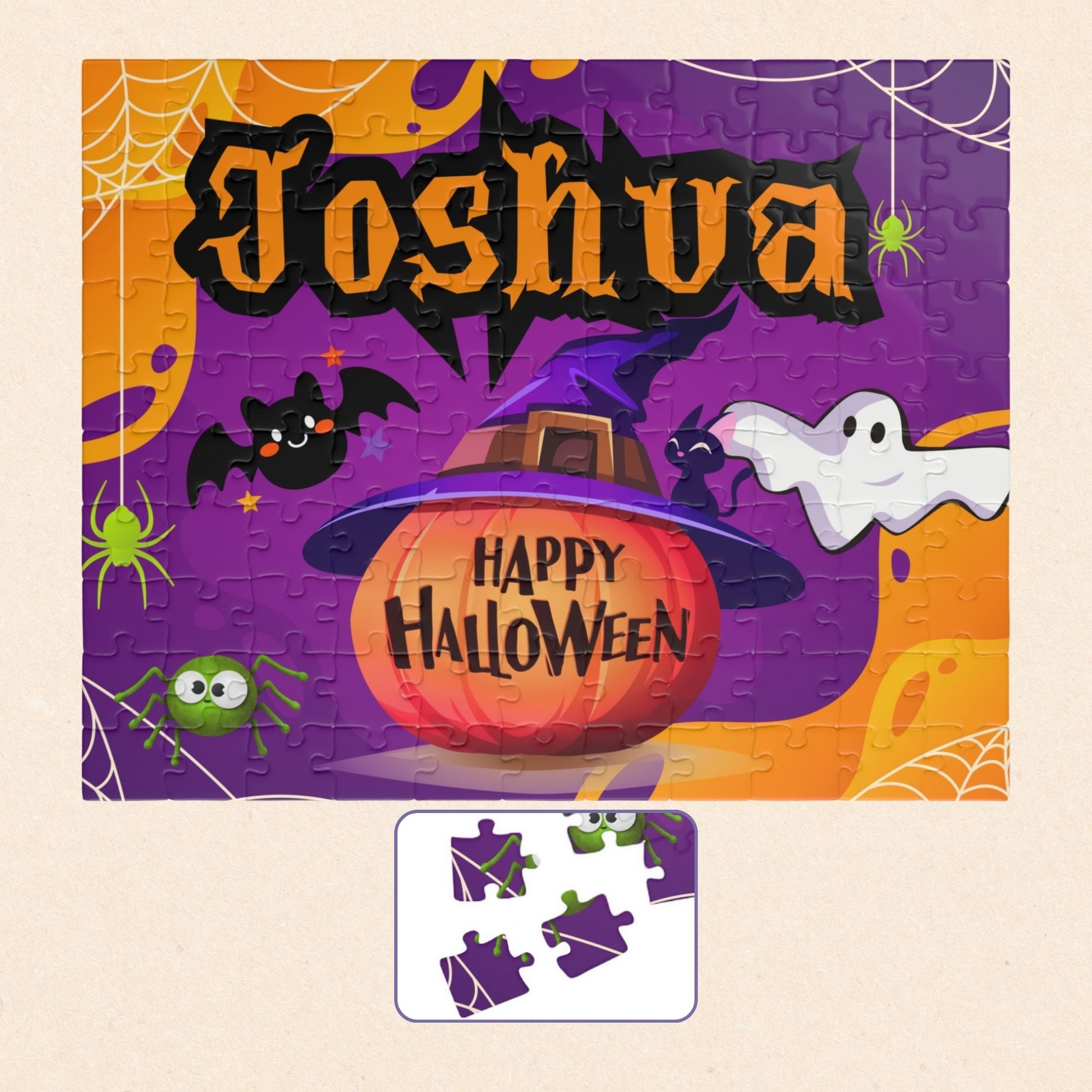 Personalized Halloween kids jigsaw puzzle with a customizable name displayed across the top, featuring a pumpkin wearing a witch hat, ghosts, bats, spiders, and purple spooky background in a 110-piece layout.