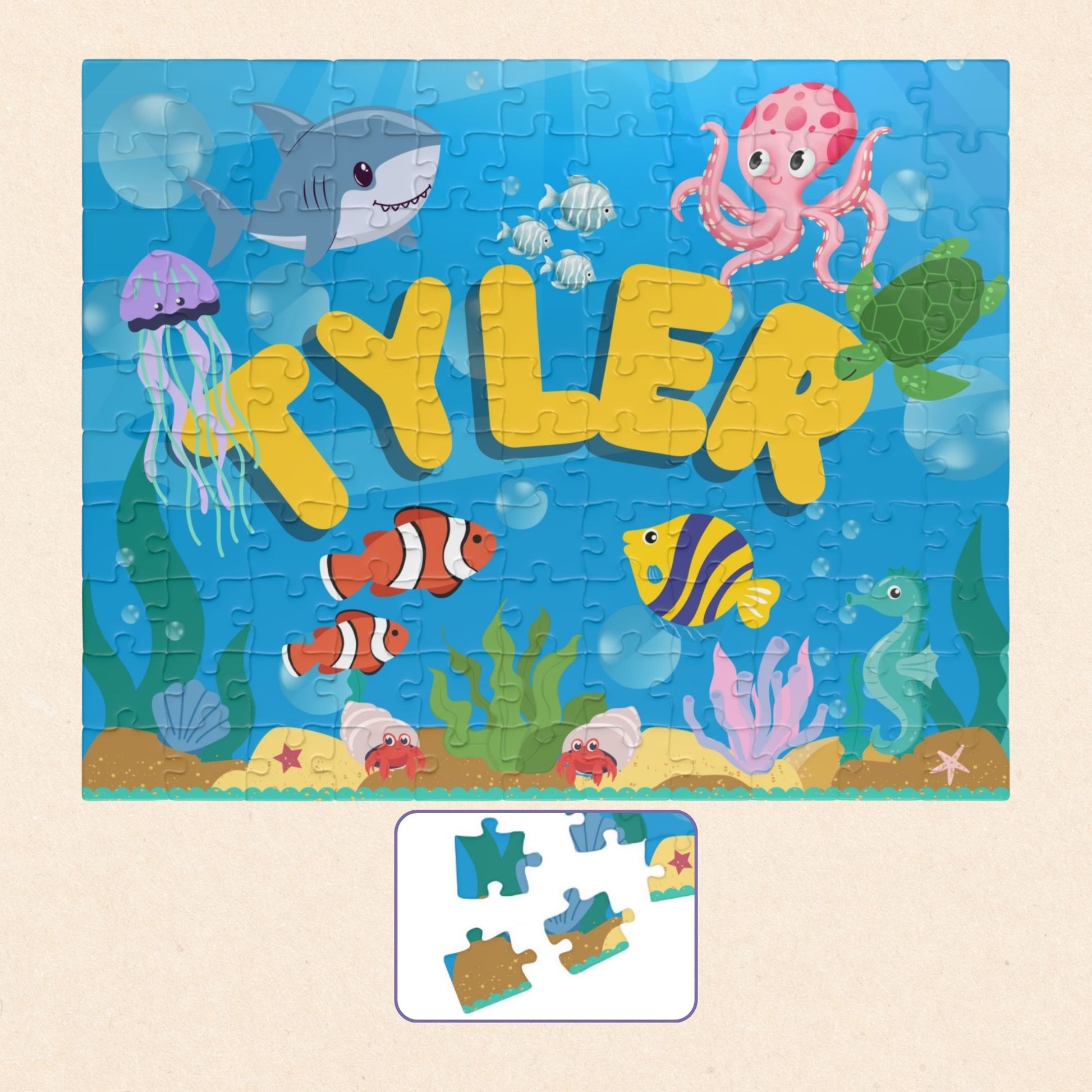 Personalized 110-piece ocean puzzle featuring an underwater scene with sea animals and a customizable name displayed in the center.