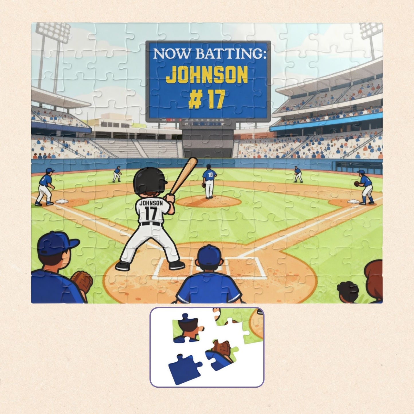 Personalized baseball puzzle for kids featuring a custom player name and jersey number on a large stadium scoreboard, with a cartoon batter at home plate and a full baseball field scene in the background.