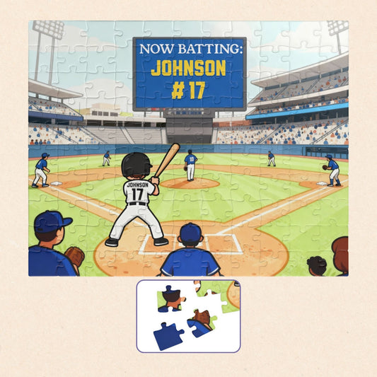 Personalized baseball puzzle for kids featuring a custom player name and jersey number on a large stadium scoreboard, with a cartoon batter at home plate and a full baseball field scene in the background.