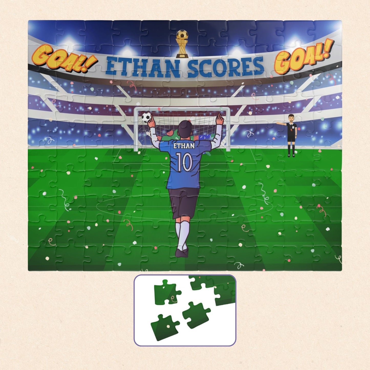 Personalized 110-piece kids soccer puzzle showing a child celebrating a goal in a packed stadium, wearing a blue jersey with a customizable name on the back, confetti in the air, and a scoreboard banner reading “GOAL” above the field.