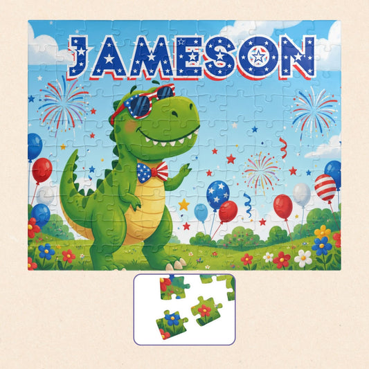 Personalized patriotic dinosaur puzzle featuring a custom name, fireworks, balloons, and a smiling dinosaur wearing patriotic sunglasses in a festive Independence Day scene.