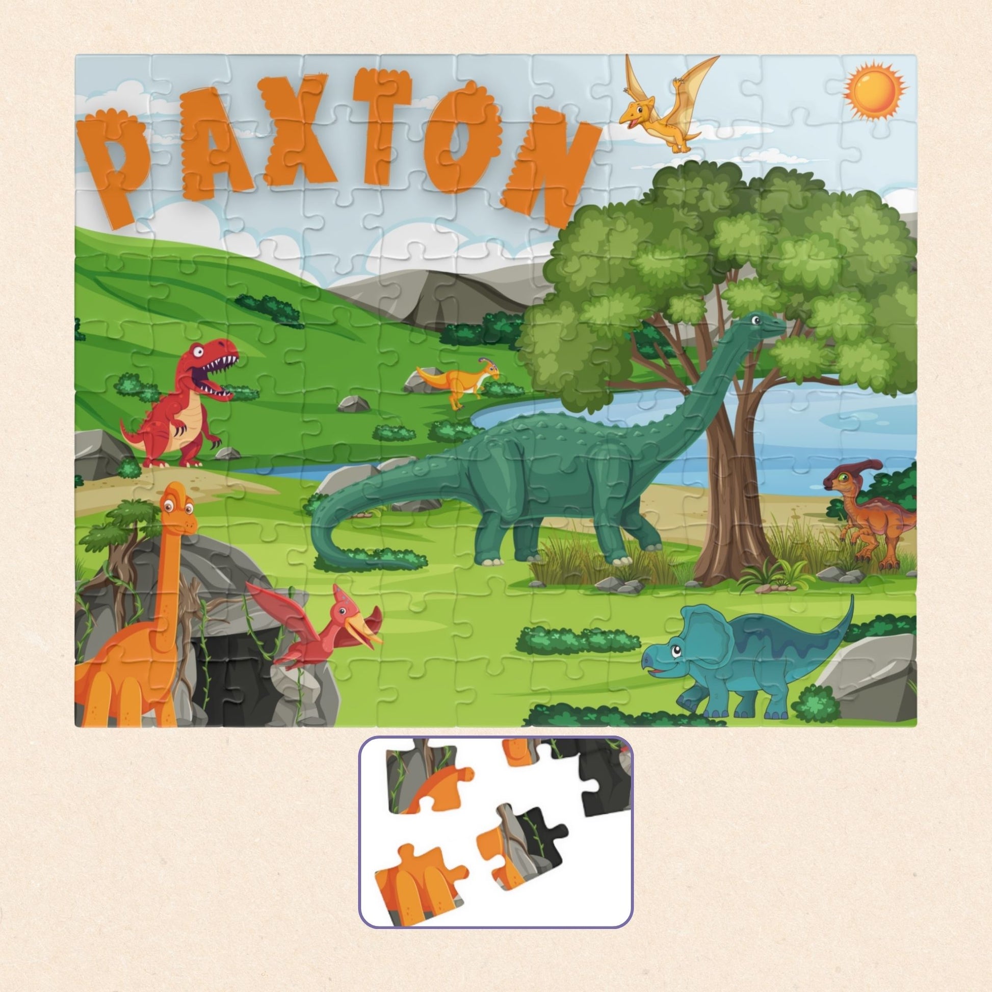 Personalized 110-piece dinosaur jigsaw puzzle for kids featuring a colorful prehistoric scene with multiple dinosaurs, trees, hills, and a custom child’s name displayed at the top