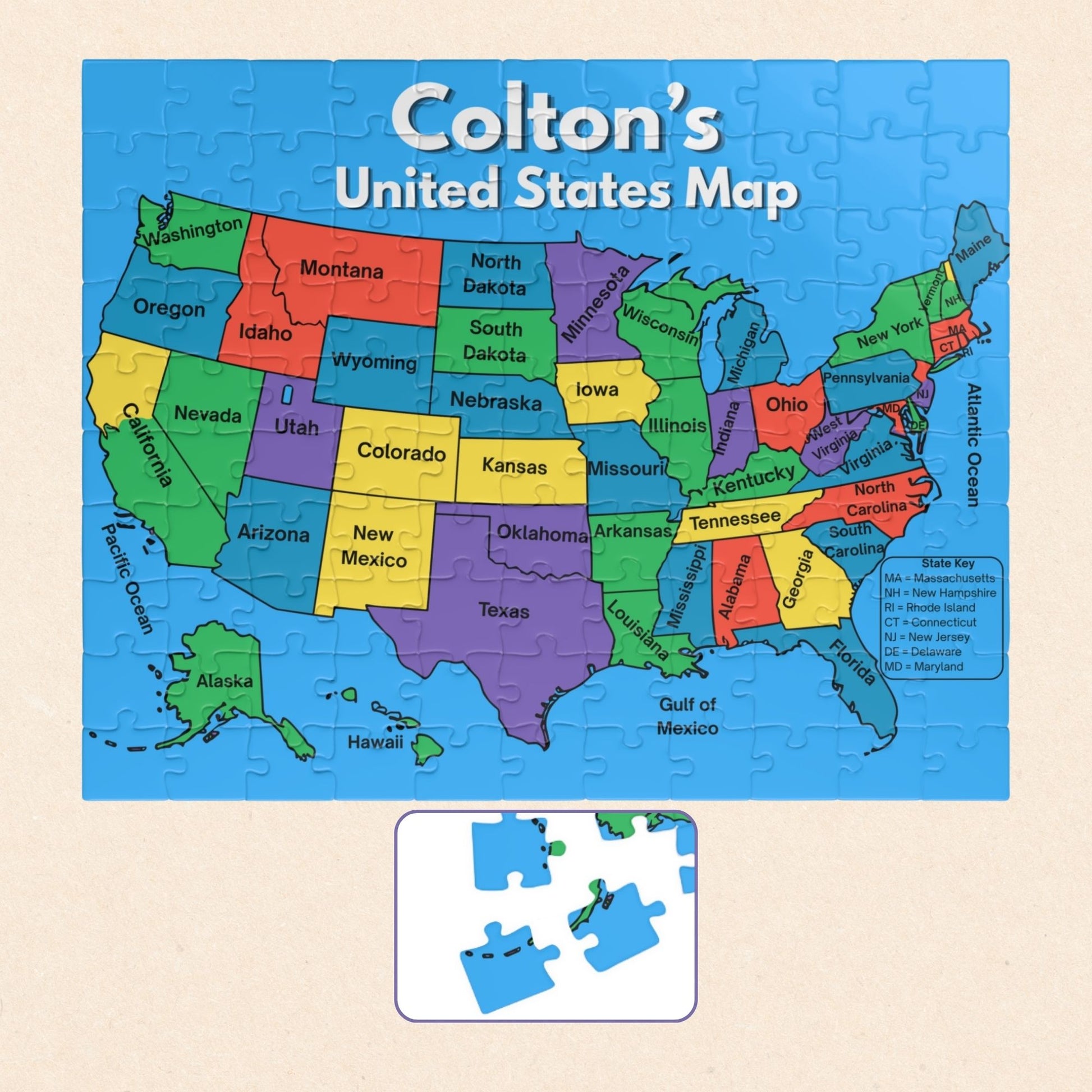 Personalized 110-piece United States map puzzle featuring a custom child's name above a colorful labeled map of all 50 states with bright educational design.