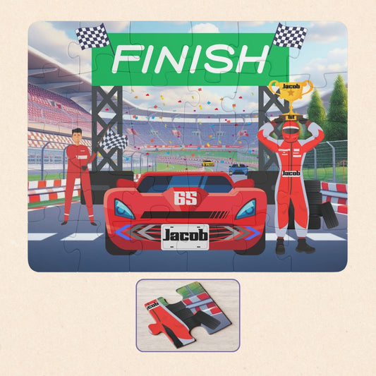 Personalized racecar jigsaw puzzle for kids showing a finish line stadium scene with a winning driver holding a trophy and a customizable child’s name displayed on the car’s license plate.