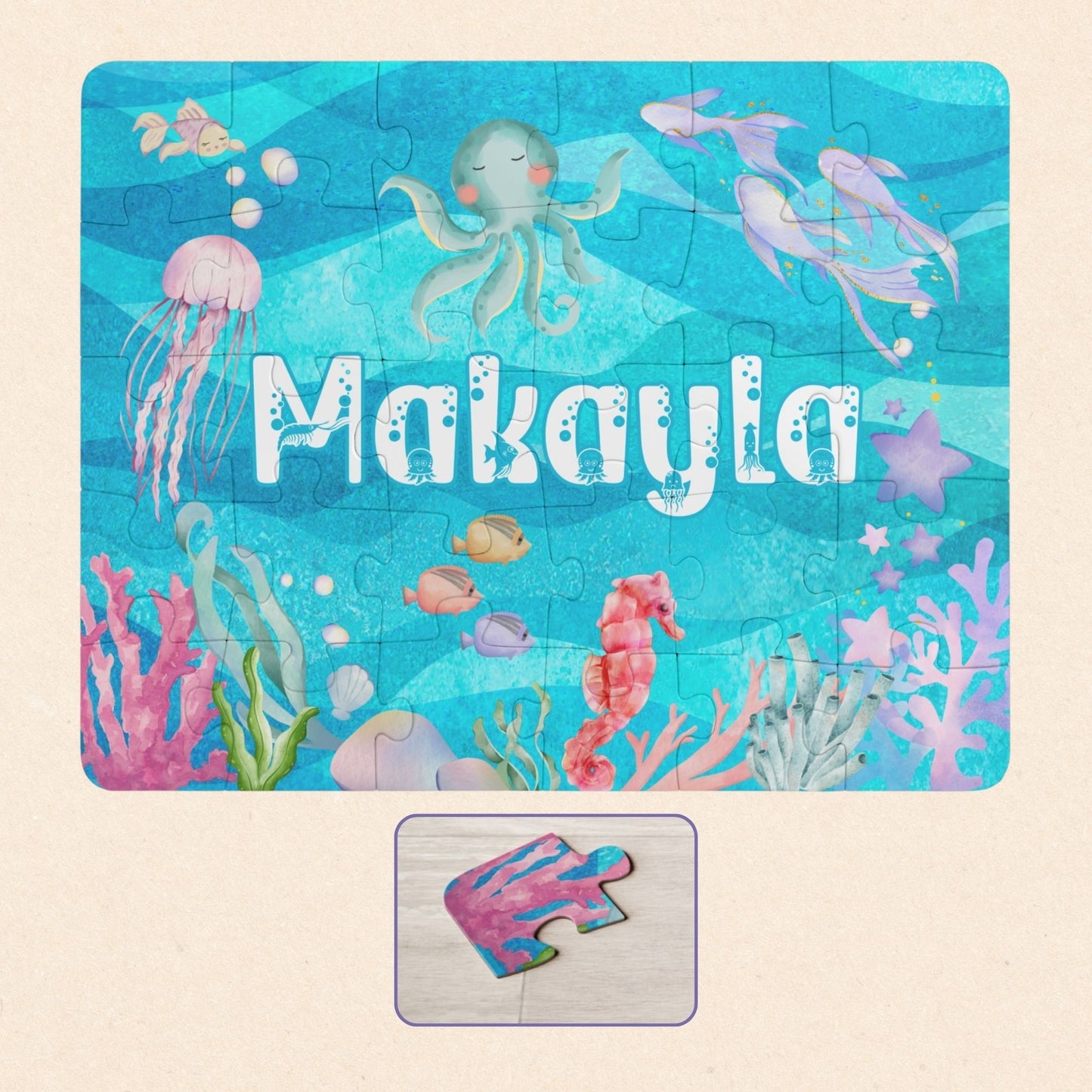 Personalized 30-piece ocean puzzle for kids featuring a colorful under-the-sea scene with an octopus, jellyfish, fish, coral, and bubbles, customized with the child’s name in large playful letters.