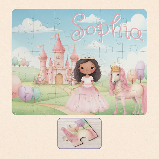Personalized princess castle jigsaw puzzle with a customizable name printed across the top, featuring a princess character, pink castle, and unicorn in a pastel storybook scene