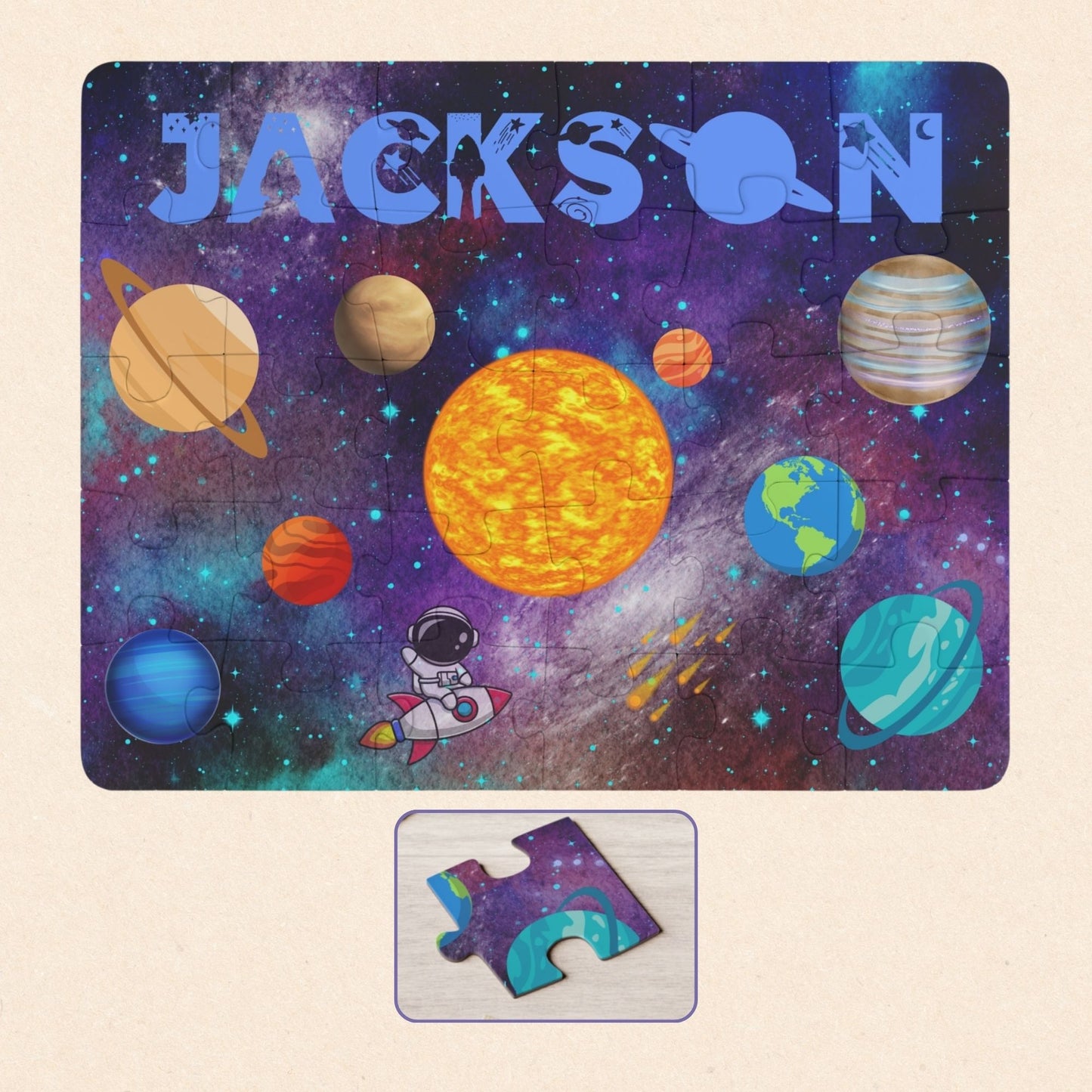 Personalized kids space puzzle featuring a colorful solar system scene with planets, stars, and an astronaut, customized with the child’s name at the top in large blue letters. Educational jigsaw puzzle designed for young children to learn about space and planets.
