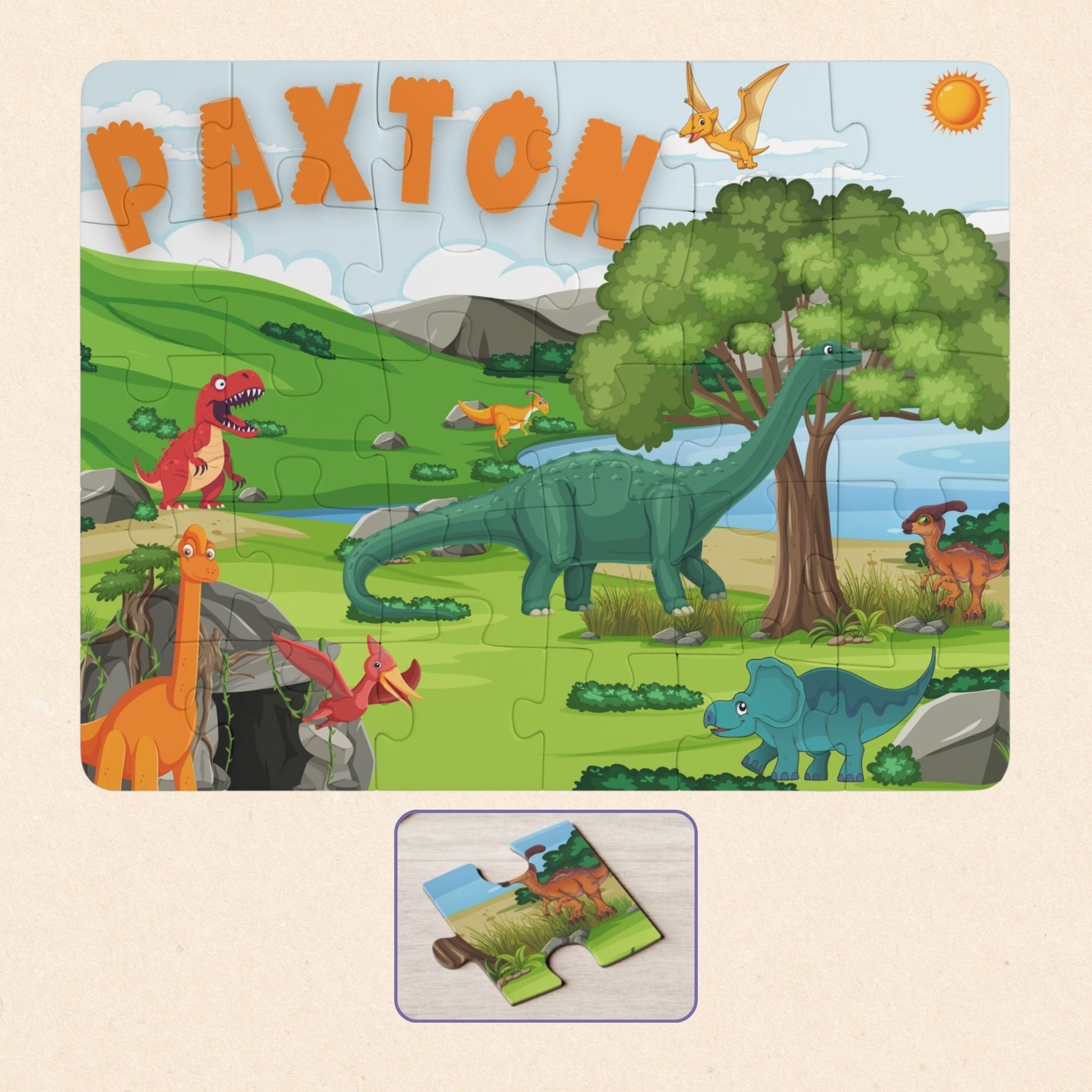 Personalized dinosaur name puzzle for kids featuring a colorful Jurassic scene with volcano, T-rex, palm trees, and friendly dinosaurs, custom child name displayed at the top, 30-piece educational jigsaw