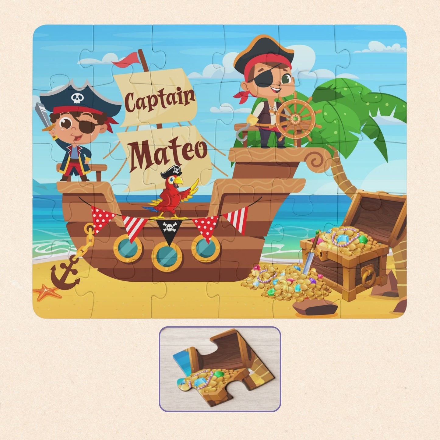 Personalized pirate ship name puzzle for kids featuring two cute cartoon pirates sailing on a wooden ship with a parrot, treasure chest, gold coins, and ocean background. The child’s name is customizable and appears on the sail of the ship (shown as “Captain Mateo”), making this a custom 30-piece jigsaw designed for toddlers and young children.