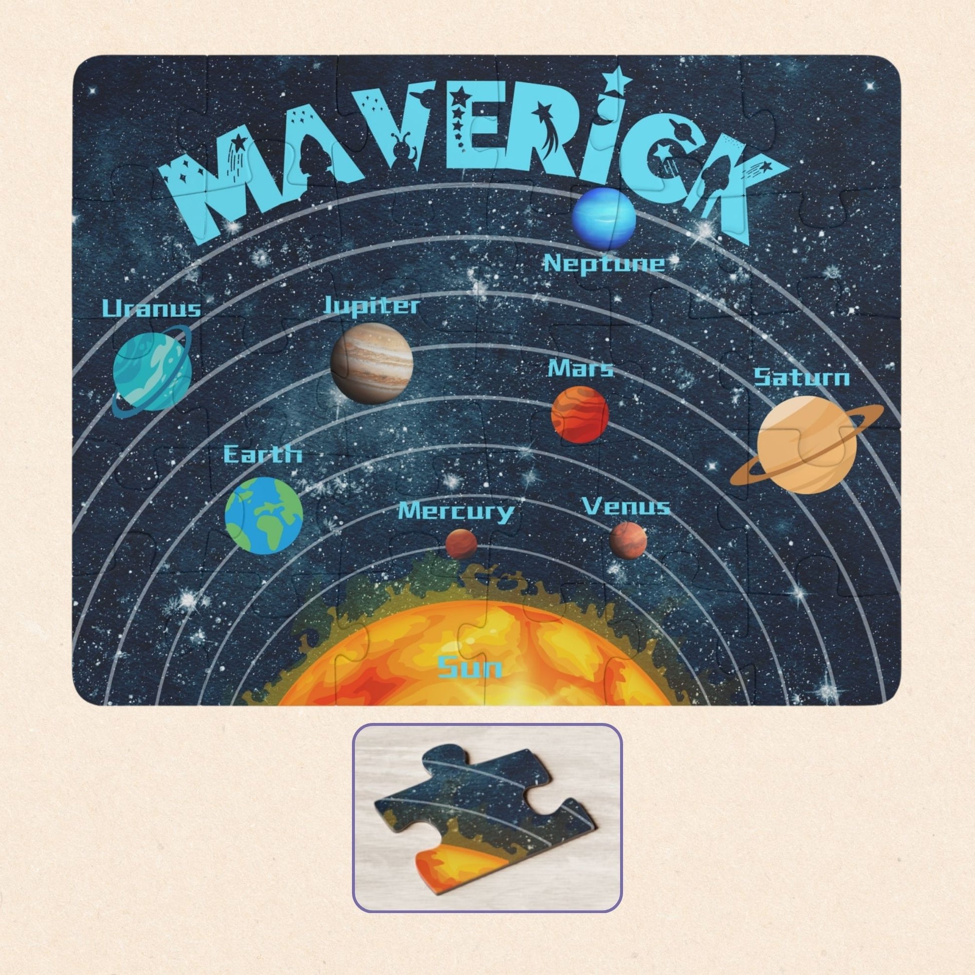Personalized solar system puzzle for kids featuring a custom name at the top with illustrated planets labeled Mercury, Venus, Earth, Mars, Jupiter, Saturn, Uranus, and Neptune in a colorful outer space design.