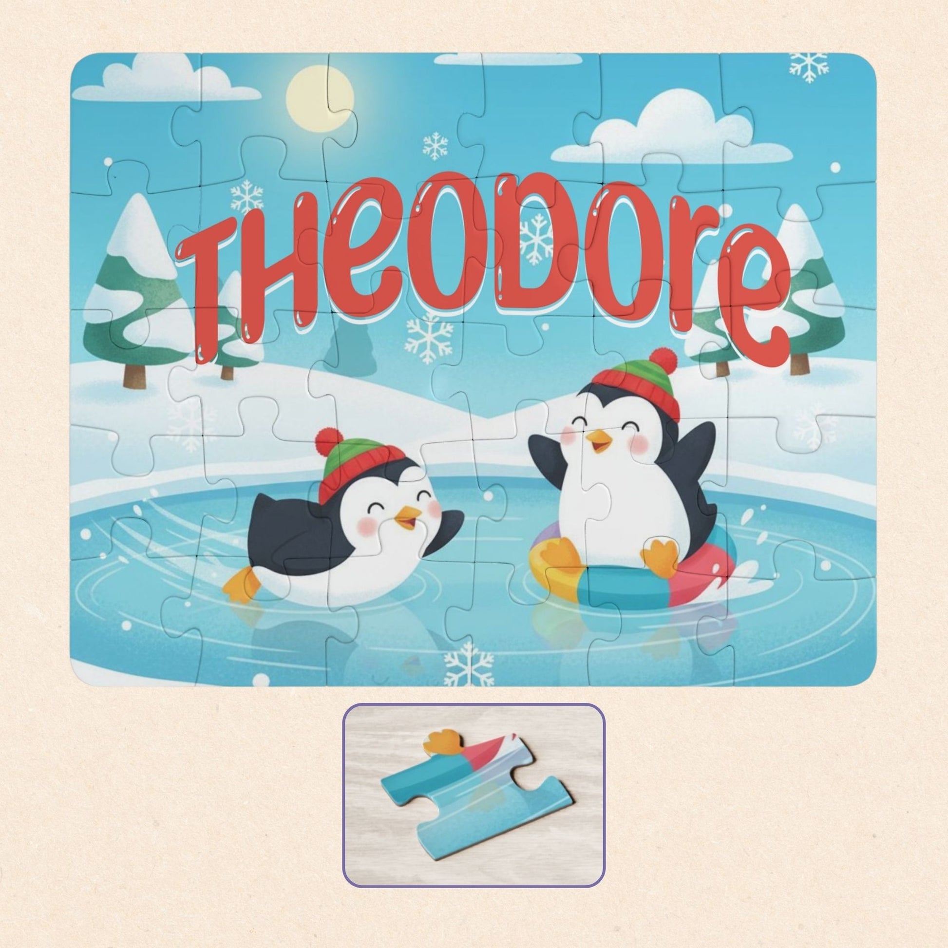 Personalized penguin winter scene jigsaw puzzle for kids featuring a customizable name printed across the top, with playful penguins ice skating in a snowy landscape, 30-piece puzzle