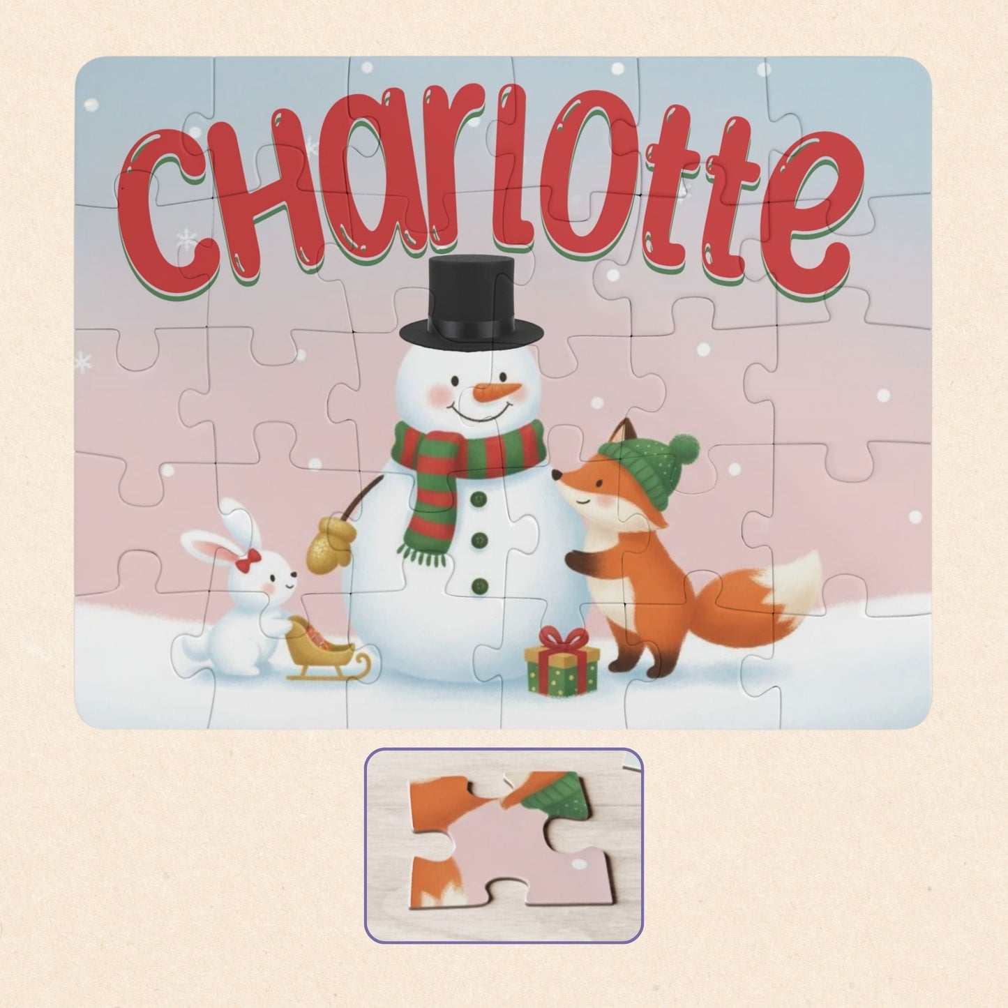 Personalized 30-piece kids puzzle featuring a winter snowman scene with a snowman, fox, and bunny, customized with the child’s name printed across the top of the puzzle.