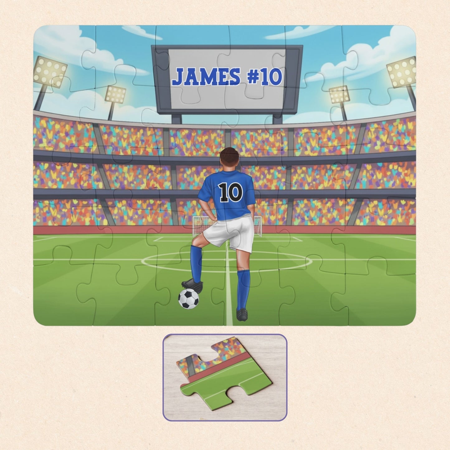 Personalized boys soccer jigsaw puzzle showing a player standing on a stadium field, with a customizable name displayed on the scoreboard and a customizable number on the back of the jersey.