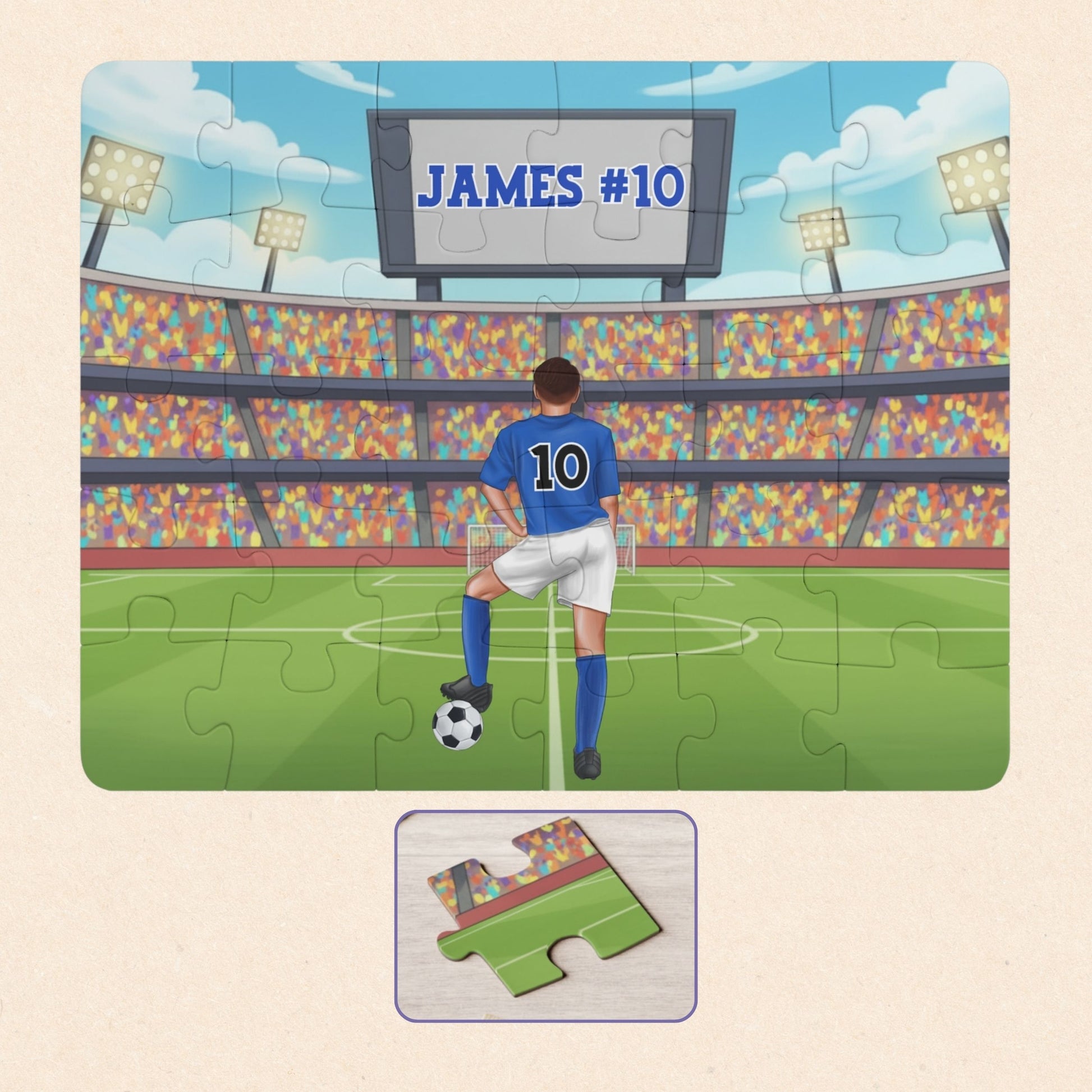 Personalized boys soccer jigsaw puzzle showing a player standing on a stadium field, with a customizable name displayed on the scoreboard and a customizable number on the back of the jersey.