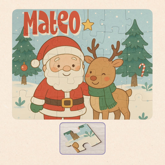 Personalized kids Christmas jigsaw puzzle featuring Santa and a reindeer in a winter forest scene, with a customizable child’s name displayed across the top of the puzzle.