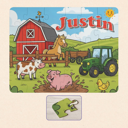 Personalized kids farm jigsaw puzzle featuring a barnyard scene with a red barn, tractor, cow, horse, pig, and chicken. A customizable child’s name appears across the top of the puzzle.