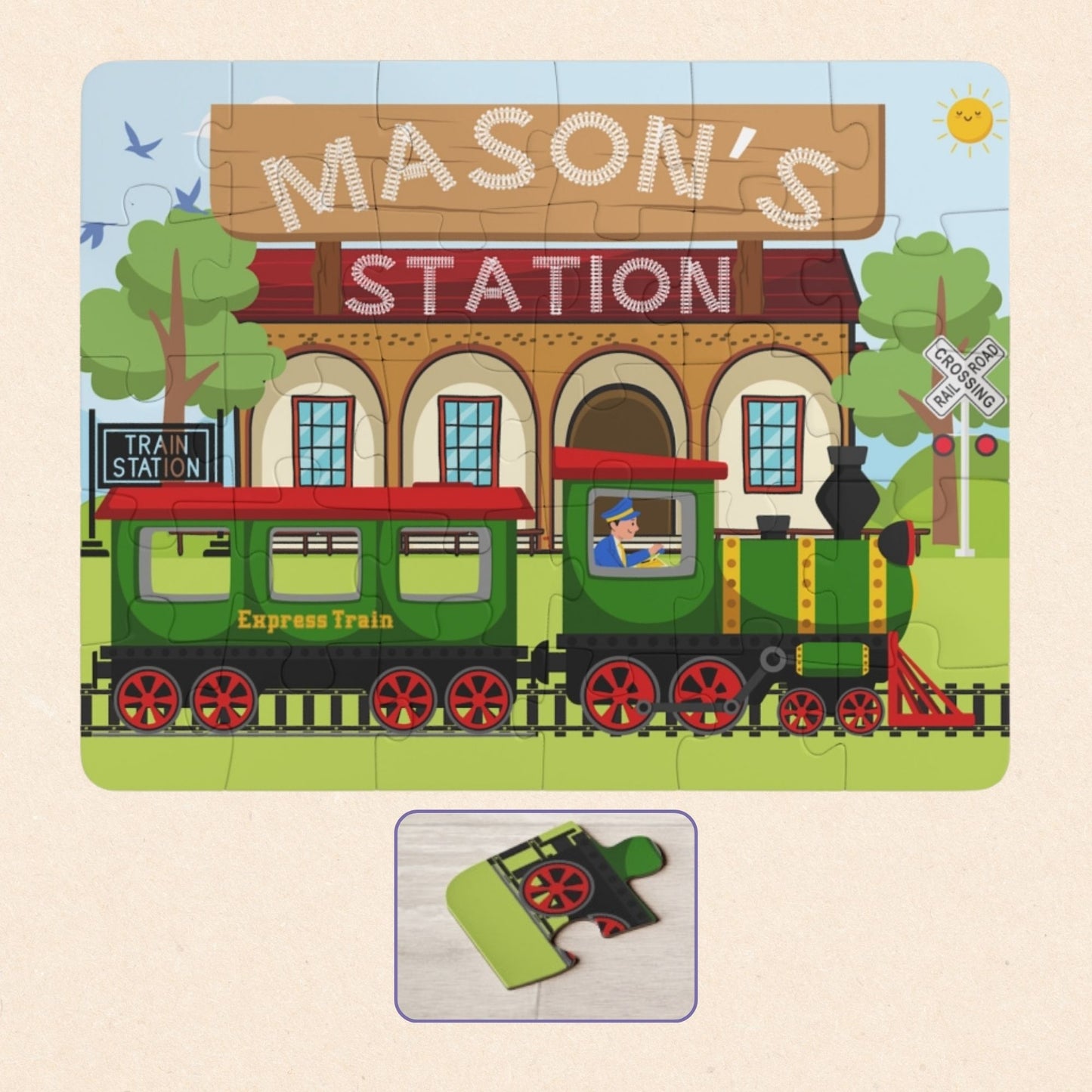 Personalized kids train station jigsaw puzzle featuring a colorful train at a station, with a customizable child’s name displayed across the top of the puzzle design.
