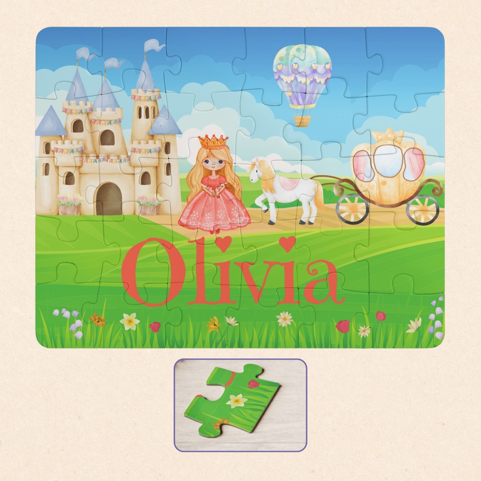 Personalized kids princess jigsaw puzzle with a customizable name displayed across the bottom of the puzzle, featuring a princess, castle, horse carriage, and storybook landscape in a 30-piece format.