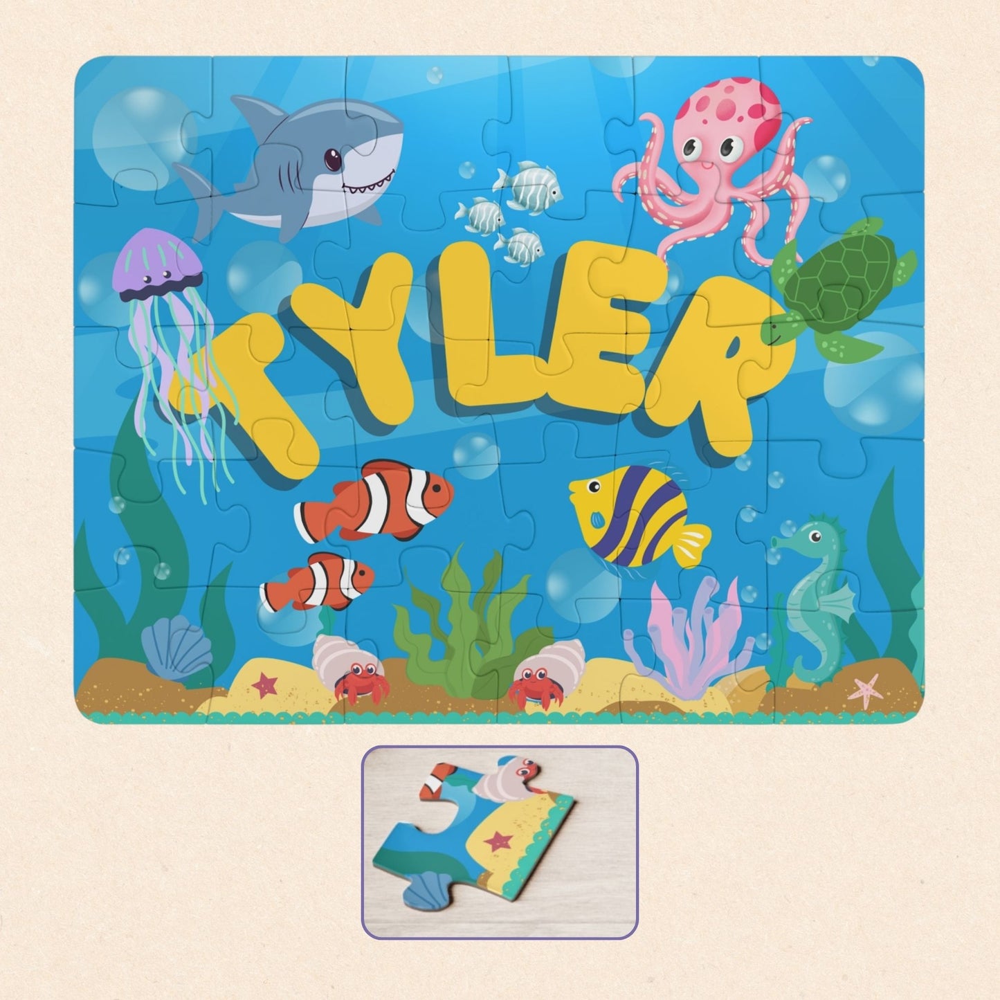 Personalized 30-piece ocean puzzle for kids featuring colorful underwater animals like sharks, octopus, jellyfish, fish, and turtles, with the child’s name displayed in large letters across the center