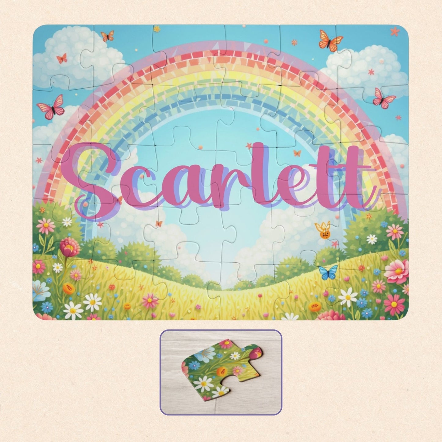 Personalized kids name puzzle featuring a colorful butterfly and rainbow design, with a customizable name displayed across the center of a 30-piece jigsaw puzzle.