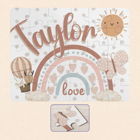 Boho rainbow themed personalized name puzzle for kids, showing a 30-piece jigsaw with a customizable child’s name printed across the top of the puzzle design.