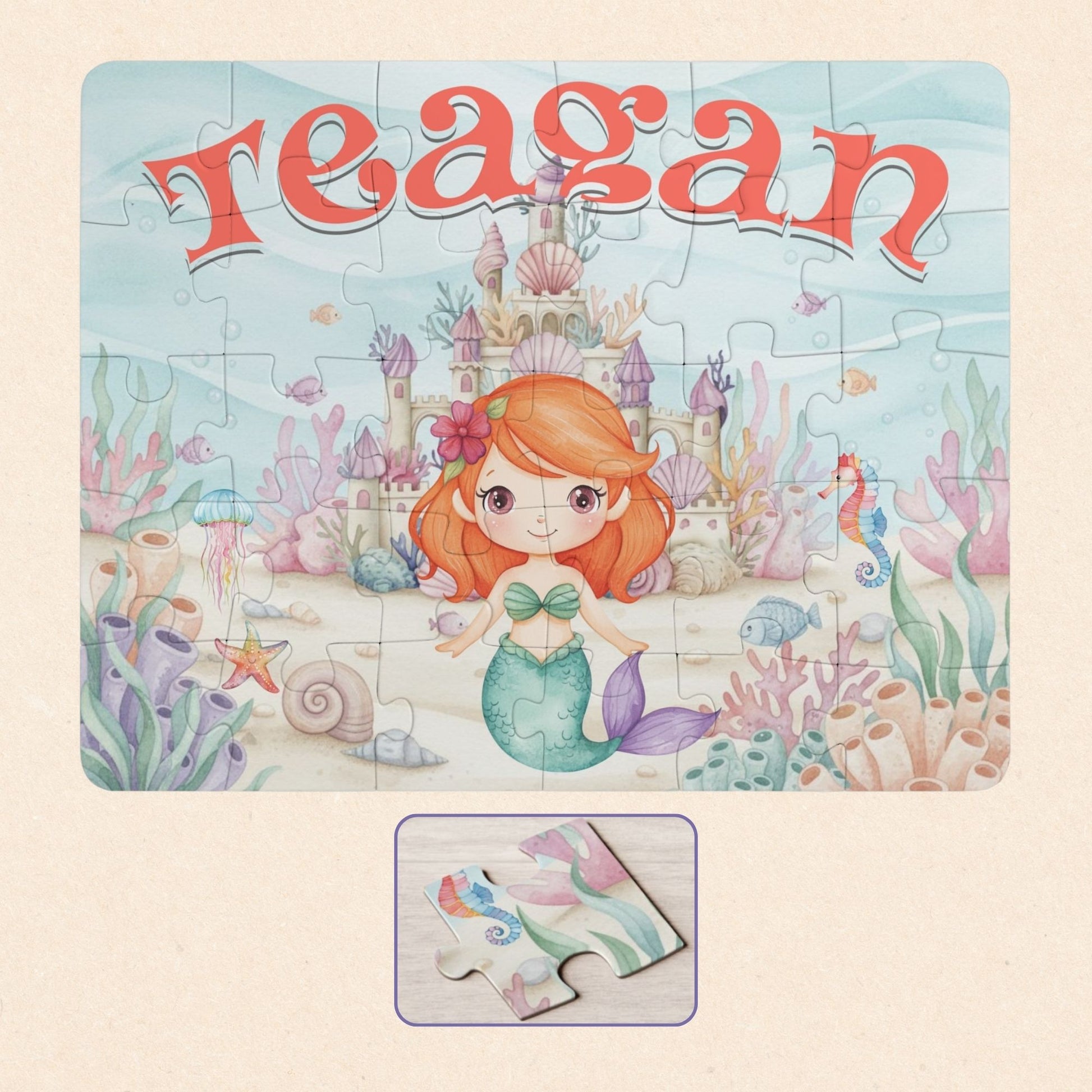 Personalized mermaid puzzle for kids featuring a smiling mermaid in an underwater castle scene with coral, shells, and sea creatures, customized with the child’s name displayed across the top