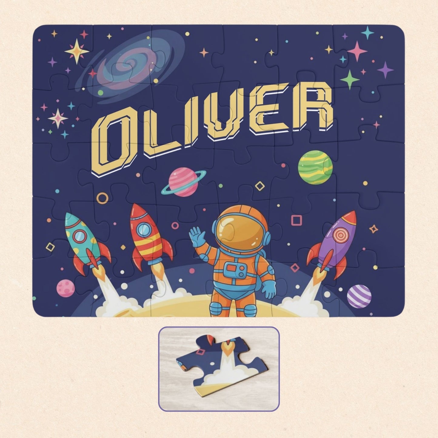 Personalized space-themed kids puzzle featuring a cartoon astronaut, rockets, planets, and stars, with the child’s name displayed across the top in bold lettering.
