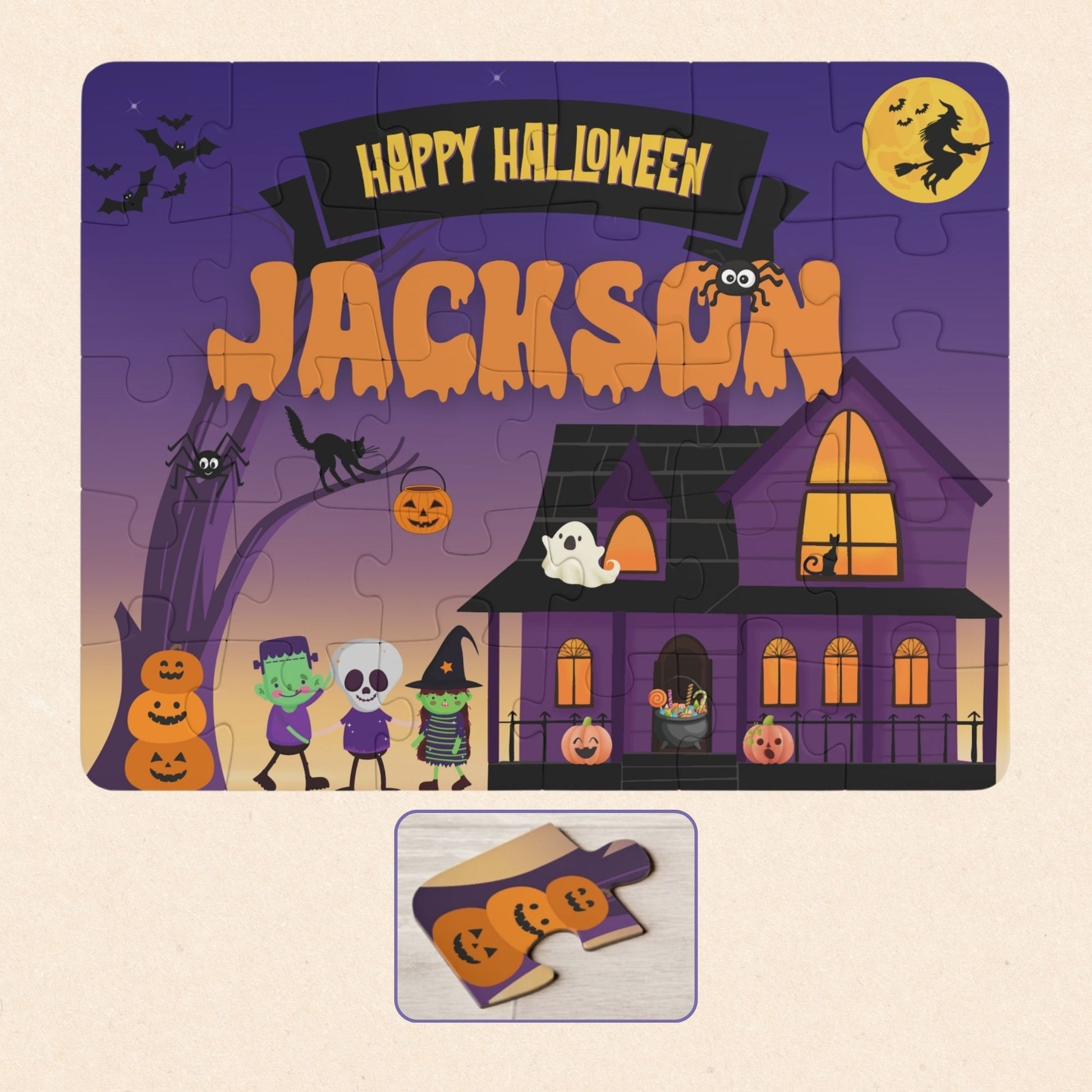 Personalized Halloween kids puzzle featuring a spooky haunted house scene with trick-or-treaters, pumpkins, bats, and a purple night sky. The puzzle includes a customizable child’s name displayed across the top and is a 30-piece jigsaw designed for young children.