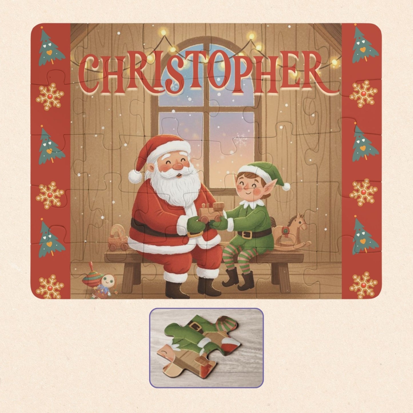 Personalized kids Christmas puzzle showing a complete 30-piece Santa and elf workshop scene with festive details. A customizable name appears prominently across the top of the puzzle, with a close-up view of an individual jigsaw piece.