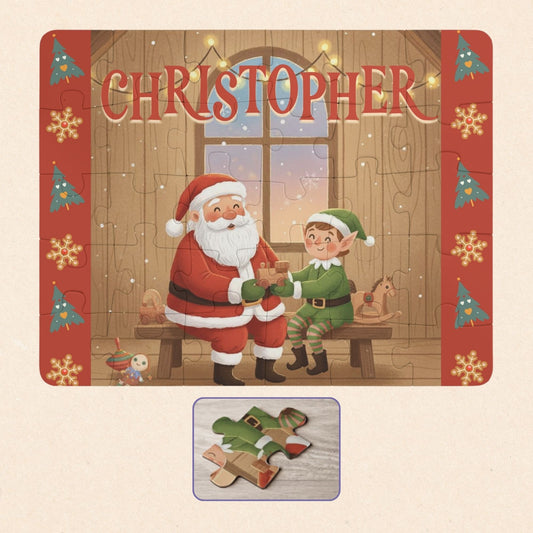 Personalized kids Christmas puzzle showing a complete 30-piece Santa and elf workshop scene with festive details. A customizable name appears prominently across the top of the puzzle, with a close-up view of an individual jigsaw piece.