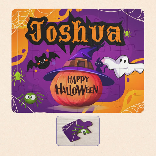 Full view of a personalized Halloween puzzle with a customizable name printed across the top, showing a spooky pumpkin centerpiece with ghost, bat, spider, and web illustrations.