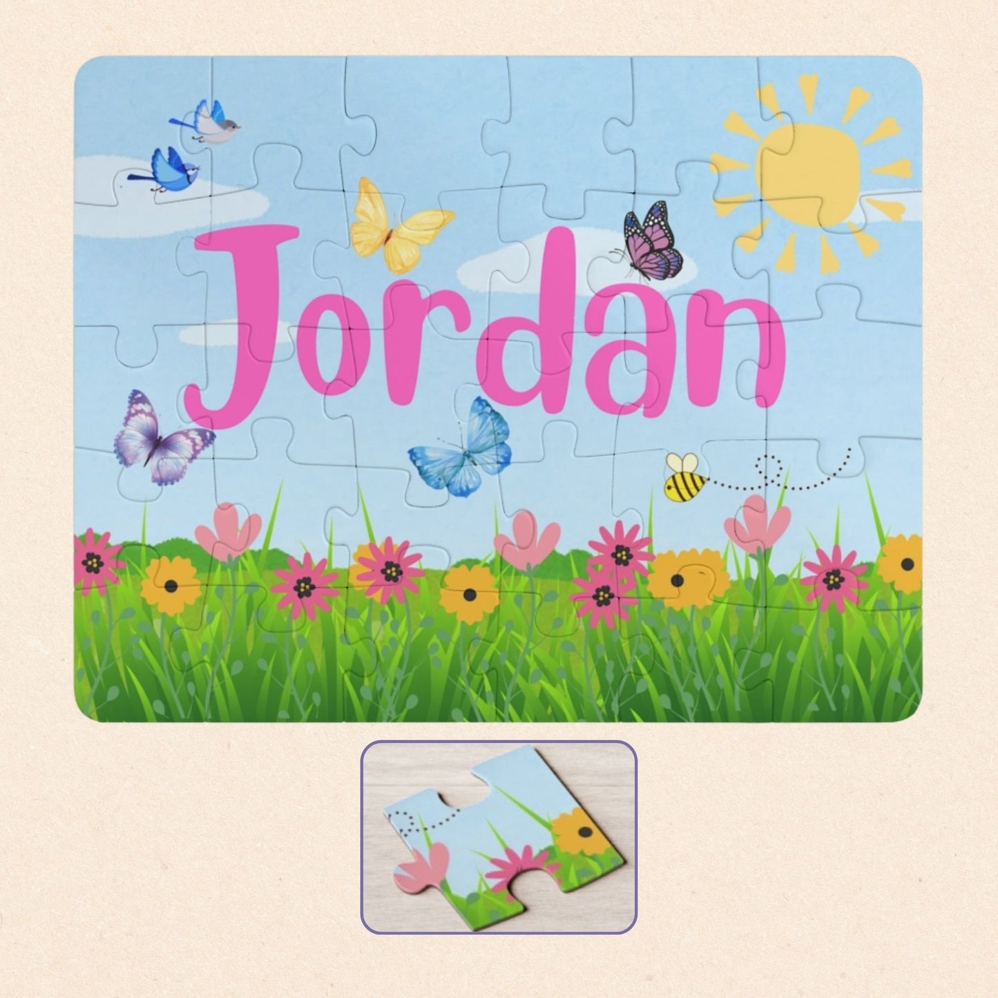 Personalized 30-piece kids jigsaw puzzle featuring a sunny day garden scene with flowers, butterflies, birds, and bees, with a customizable child’s name displayed across the center of the puzzle design.