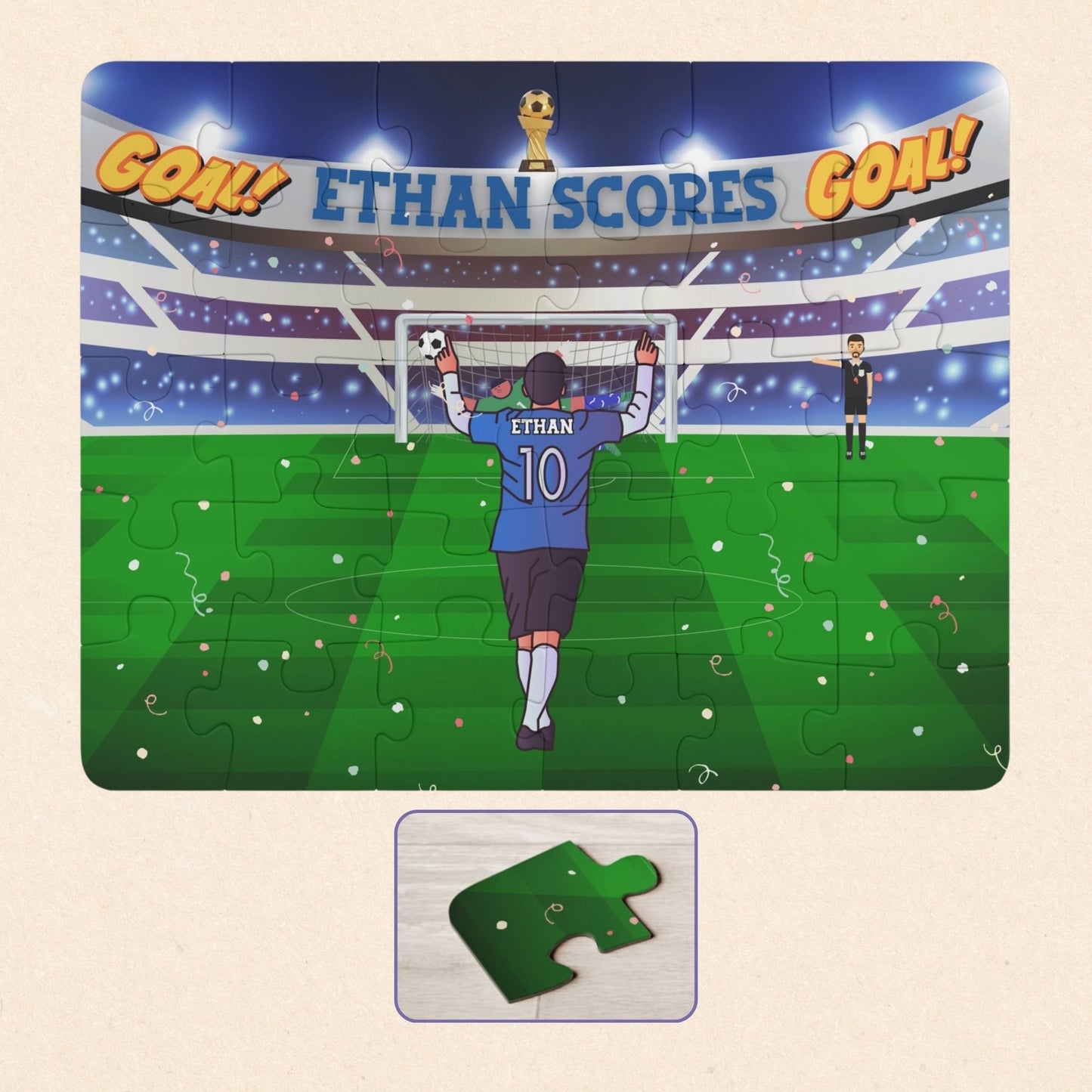 Personalized kids soccer puzzle showing a child scoring a goal in a stadium, with a custom name on the jersey and celebratory scoreboard, 30-piece jigsaw.