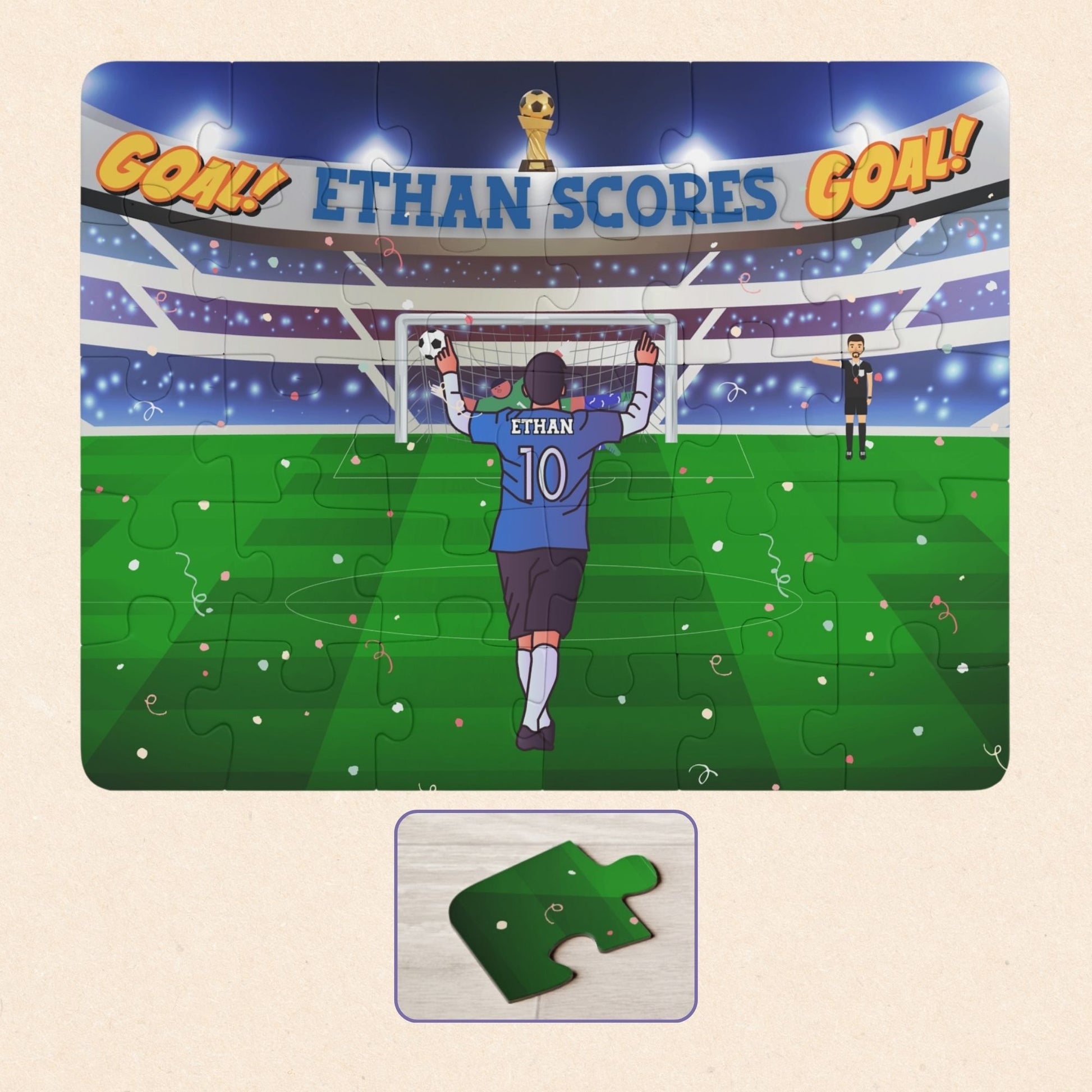 Personalized kids soccer puzzle showing a child scoring a goal in a stadium, with a custom name on the jersey and celebratory scoreboard, 30-piece jigsaw.