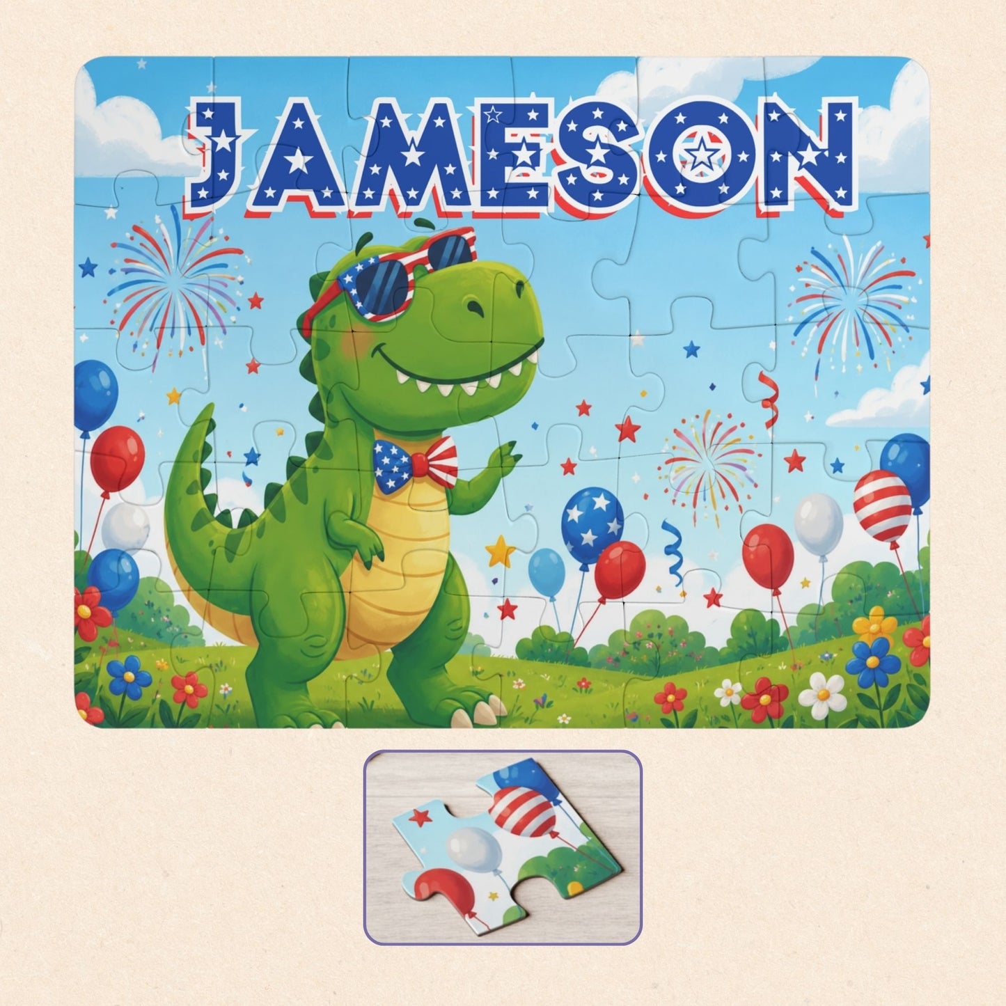 Personalized patriotic dinosaur puzzle featuring a custom name, festive fireworks, balloons, and a smiling dinosaur with patriotic sunglasses and larger puzzle pieces.