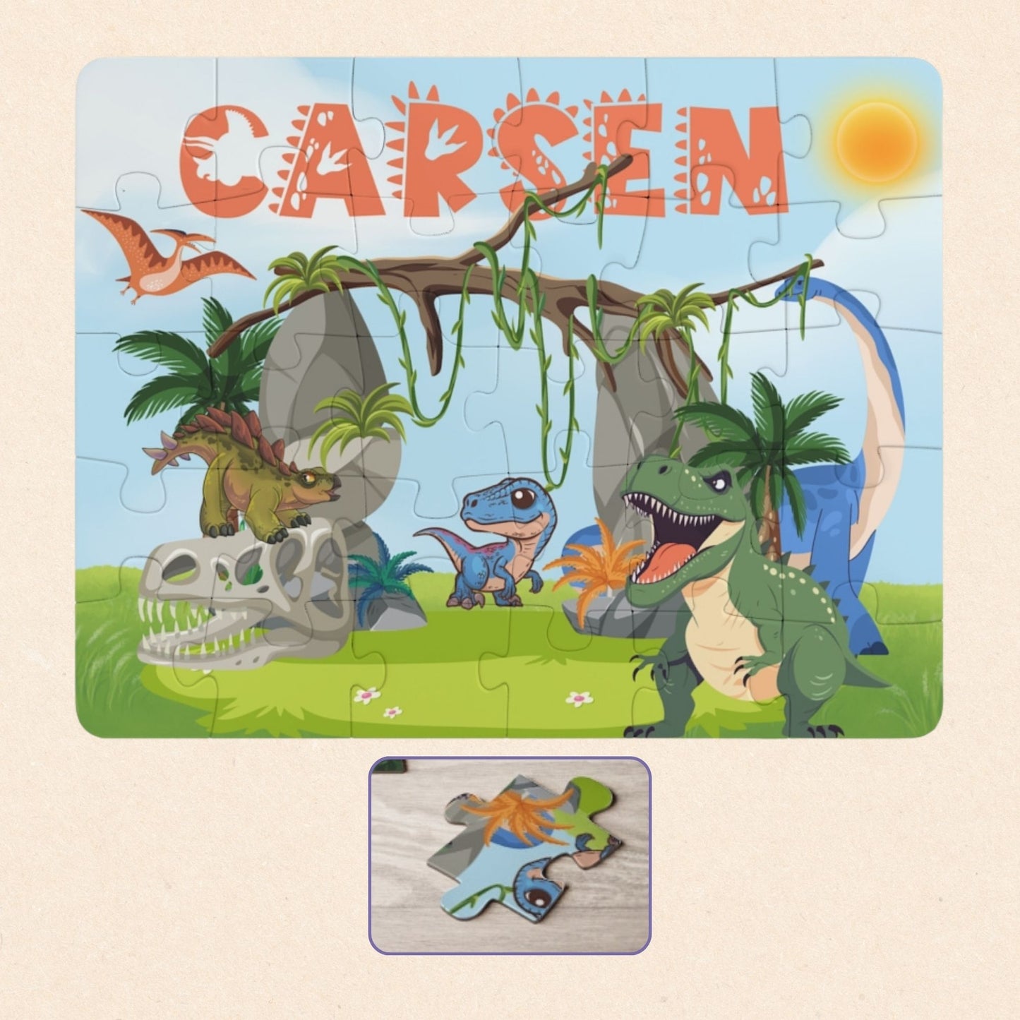 Personalized dinosaur name puzzle for kids featuring a colorful Jurassic scene with multiple cartoon dinosaurs, vines, rocks, and palm trees. The child’s name is customizable and appears large across the top of the puzzle (shown as “Carsen”), making this a custom 30-piece jigsaw designed for toddlers and young children.
