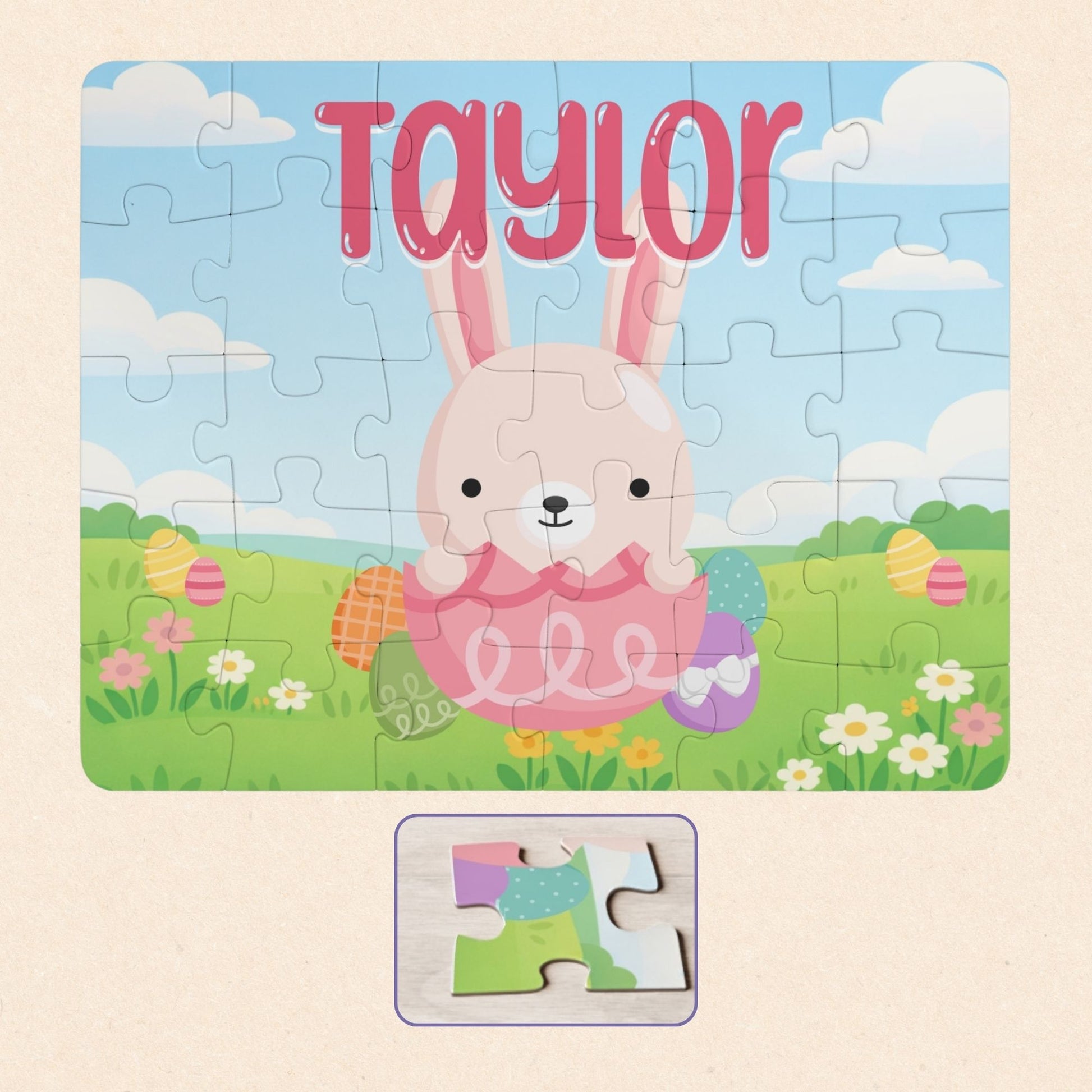 Fully assembled personalized Easter bunny jigsaw puzzle featuring a cheerful bunny sitting in a decorated egg within a spring meadow scene, with a customizable name printed across the top of the puzzle.