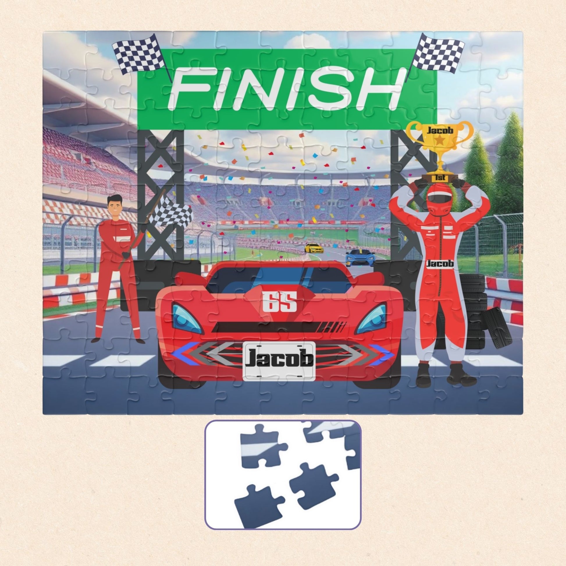 Completed kids racecar jigsaw puzzle featuring a speedway finish line scene, winning driver, trophy, and a customizable name displayed on the car’s license plate.