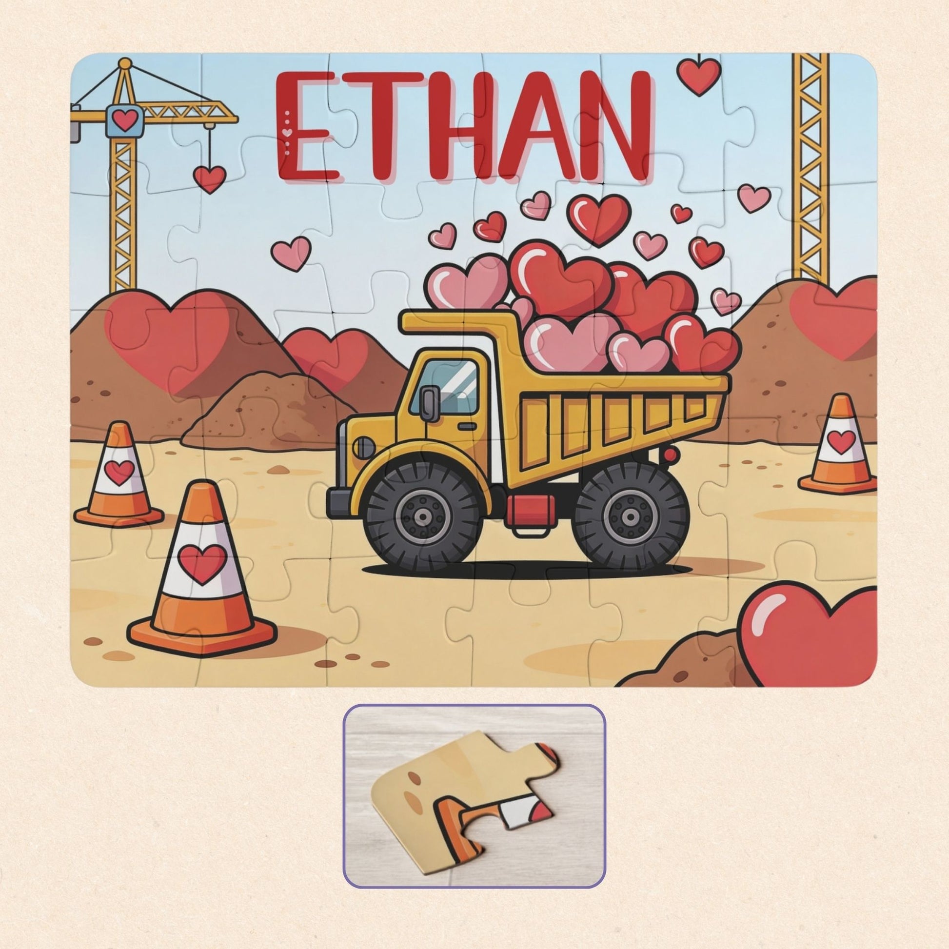 Personalized Valentine truck name puzzle for kids featuring a yellow dump truck filled with hearts at a construction site. The child’s name is customizable and appears large across the top of the puzzle (shown as “Ethan”), making this a custom 30-piece jigsaw designed for toddlers and young children.