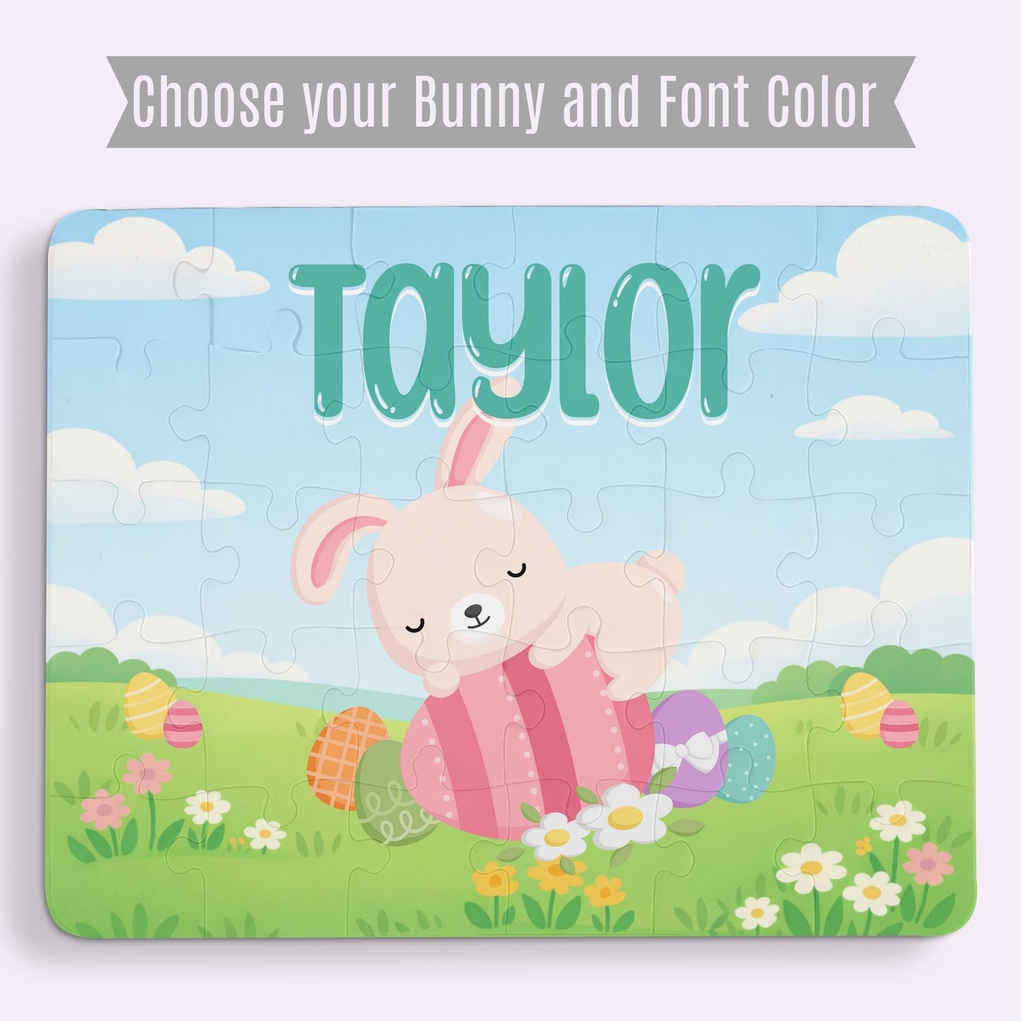 Personalization preview image for an Easter bunny jigsaw puzzle showing a customizable bunny design and selectable font color options, with the child’s name personalized at the top of the puzzle.