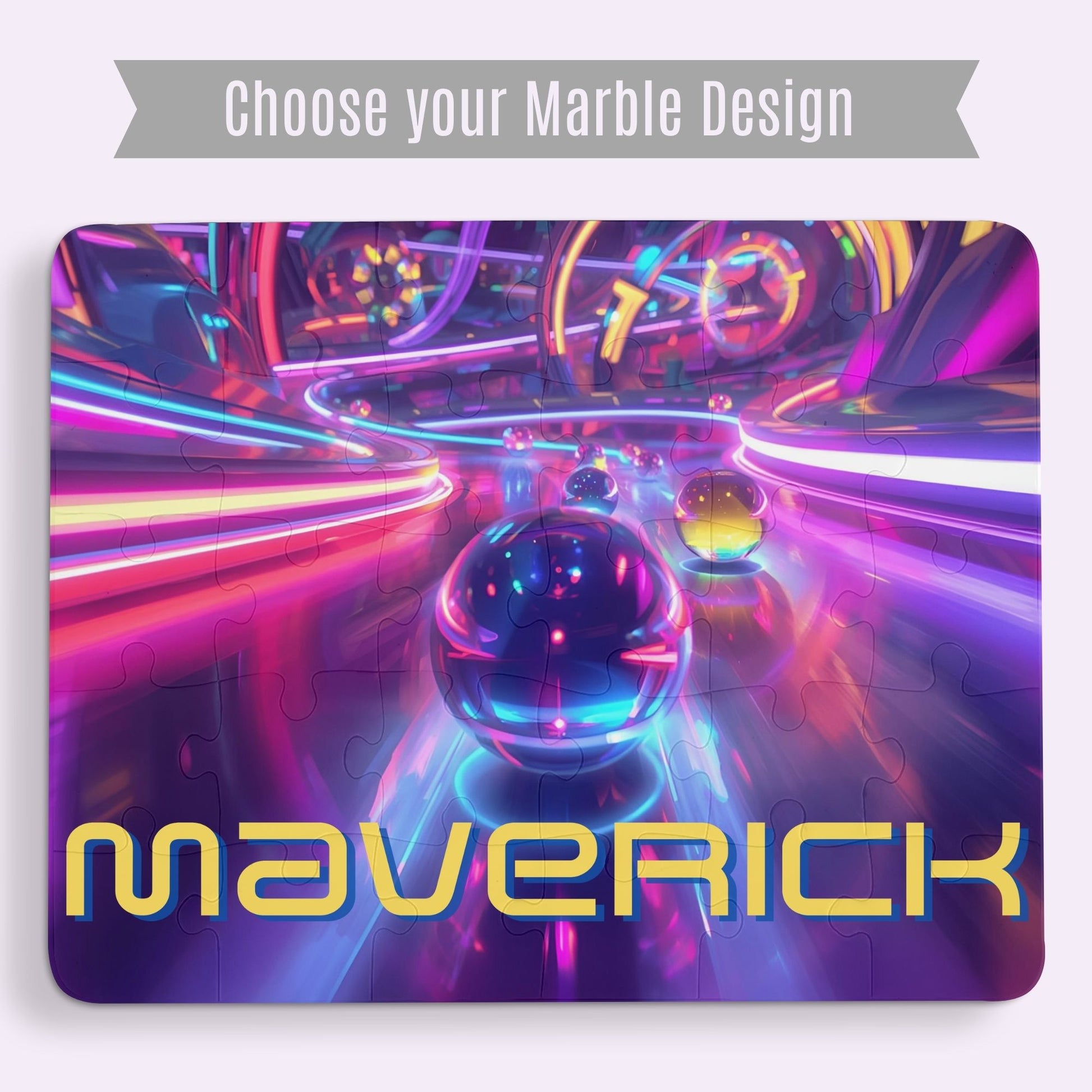 Personalized neon marble race 30-piece jigsaw puzzle featuring vibrant neon tunnels and racing marbles. The custom name is printed across the bottom of the puzzle and shown in option 4. Designed with large pieces for children. 
