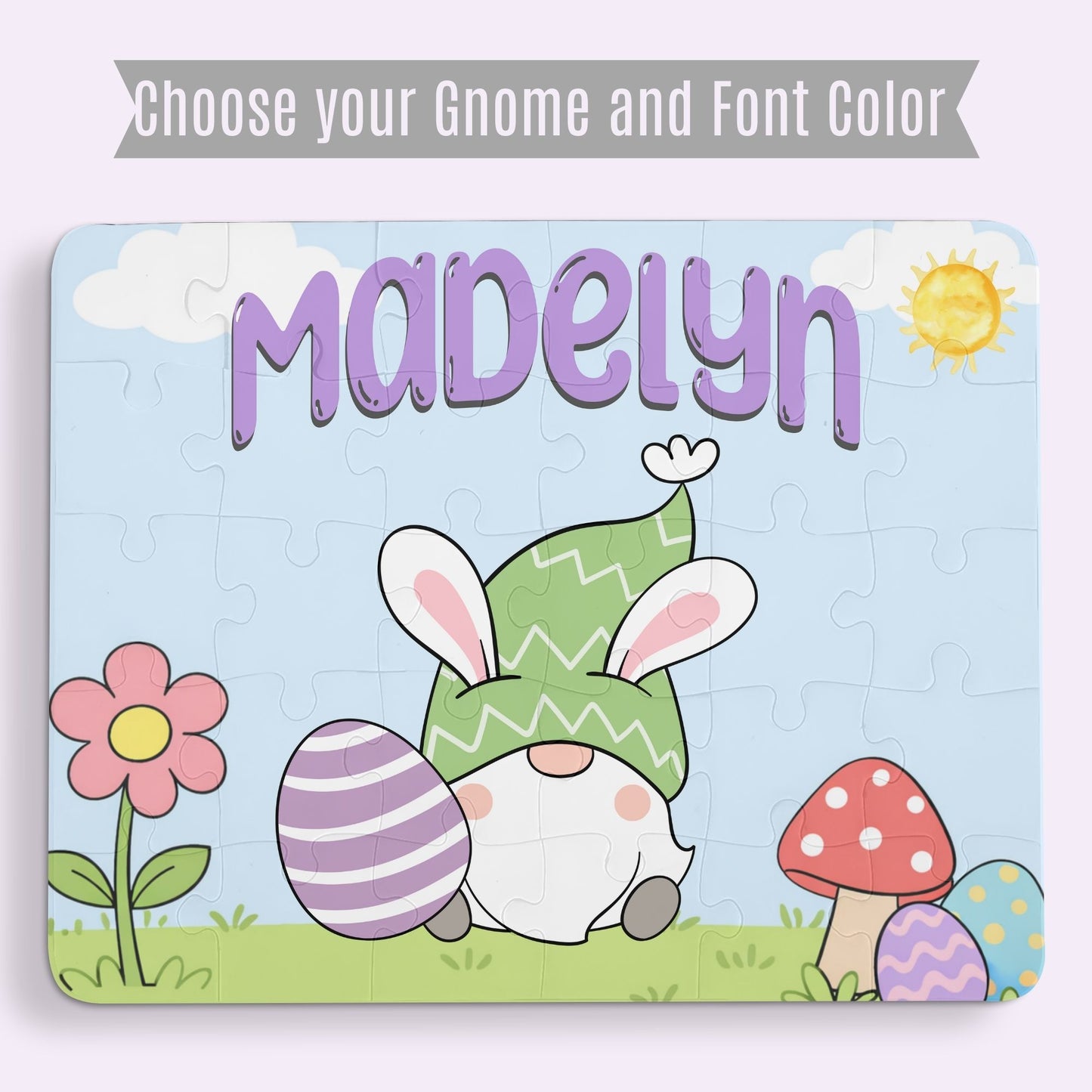 Personalization preview image for an Easter gnome jigsaw puzzle showing selectable bunny gnome designs and font color options, with a customizable name displayed across the top of the puzzle.