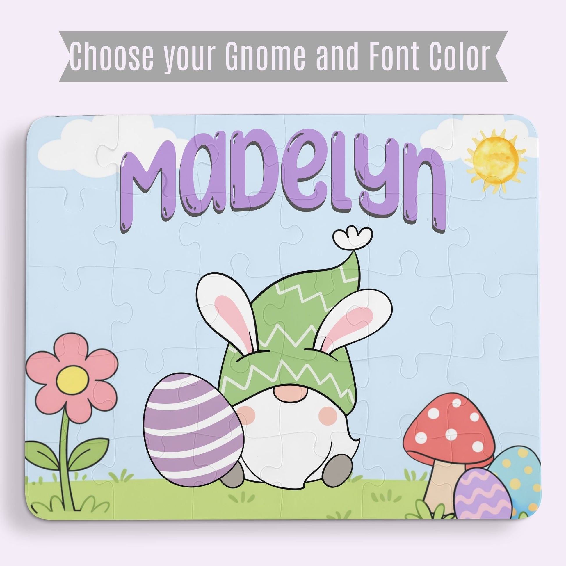 Personalization preview image for an Easter gnome jigsaw puzzle showing selectable bunny gnome designs and font color options, with a customizable name displayed across the top of the puzzle.