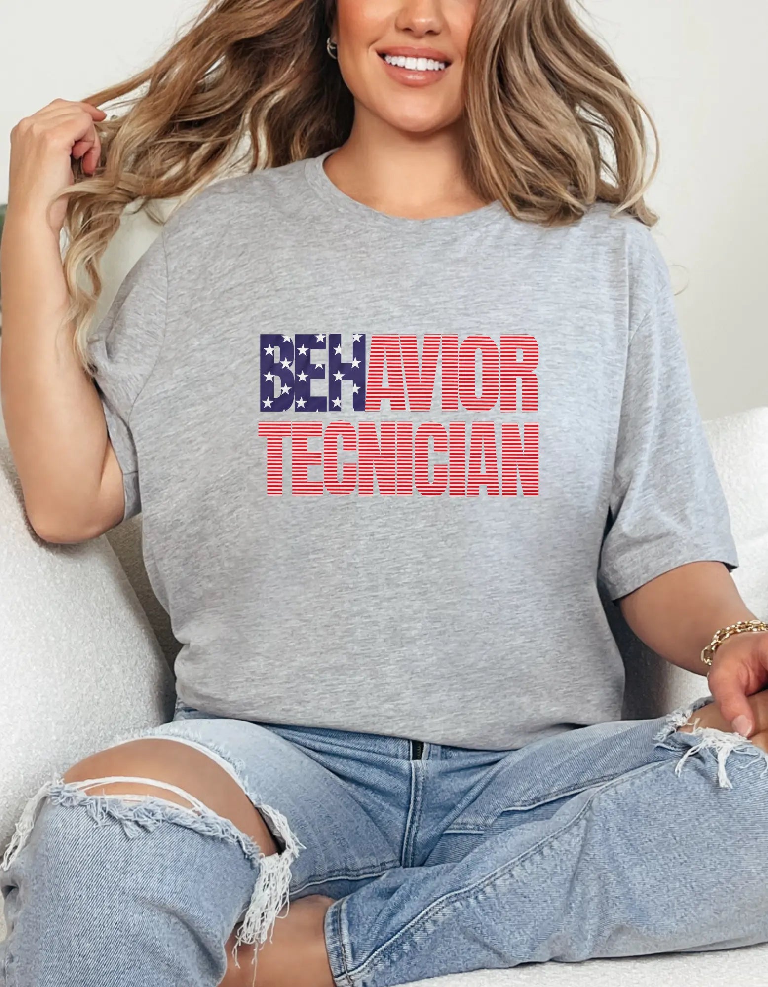 Patriotic Flag Shirt for Behavior Technicians-Red White and Blue Shirt for Patriotic Celebrations Perfect Tee for Summer Months Affordable ABA Materials