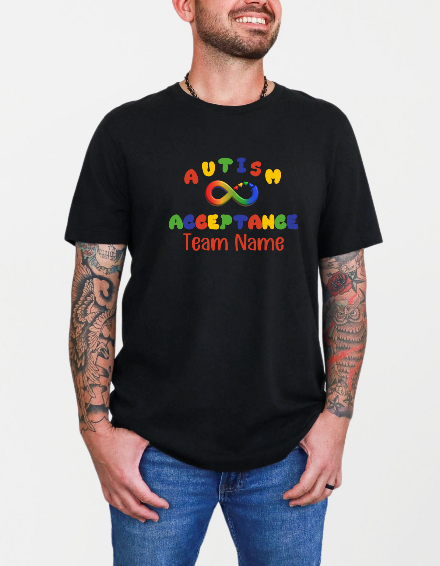 Personalized Autism Acceptance Team Top - Rainbow Infinity Design - Custom Team Name Unisex Adult t-shirt