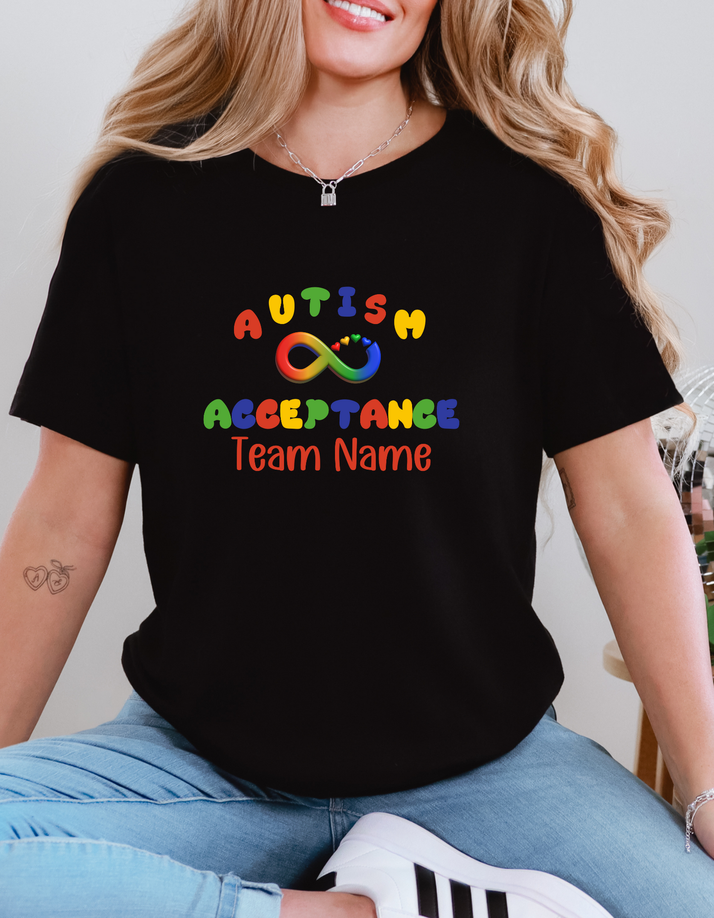 Personalized Autism Acceptance Team Top - Rainbow Infinity Design - Custom Team Name Unisex Adult t-shirt